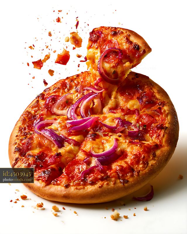 Cheesy vegetable pizza with a lifted slice and scattered crumbs