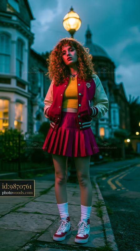 Young Woman in Varsity Jacket and Pleated Skirt on City Street