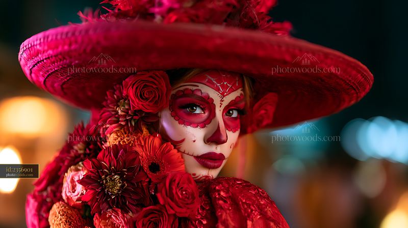 Portrait of a woman with red floral face paint and sombrero