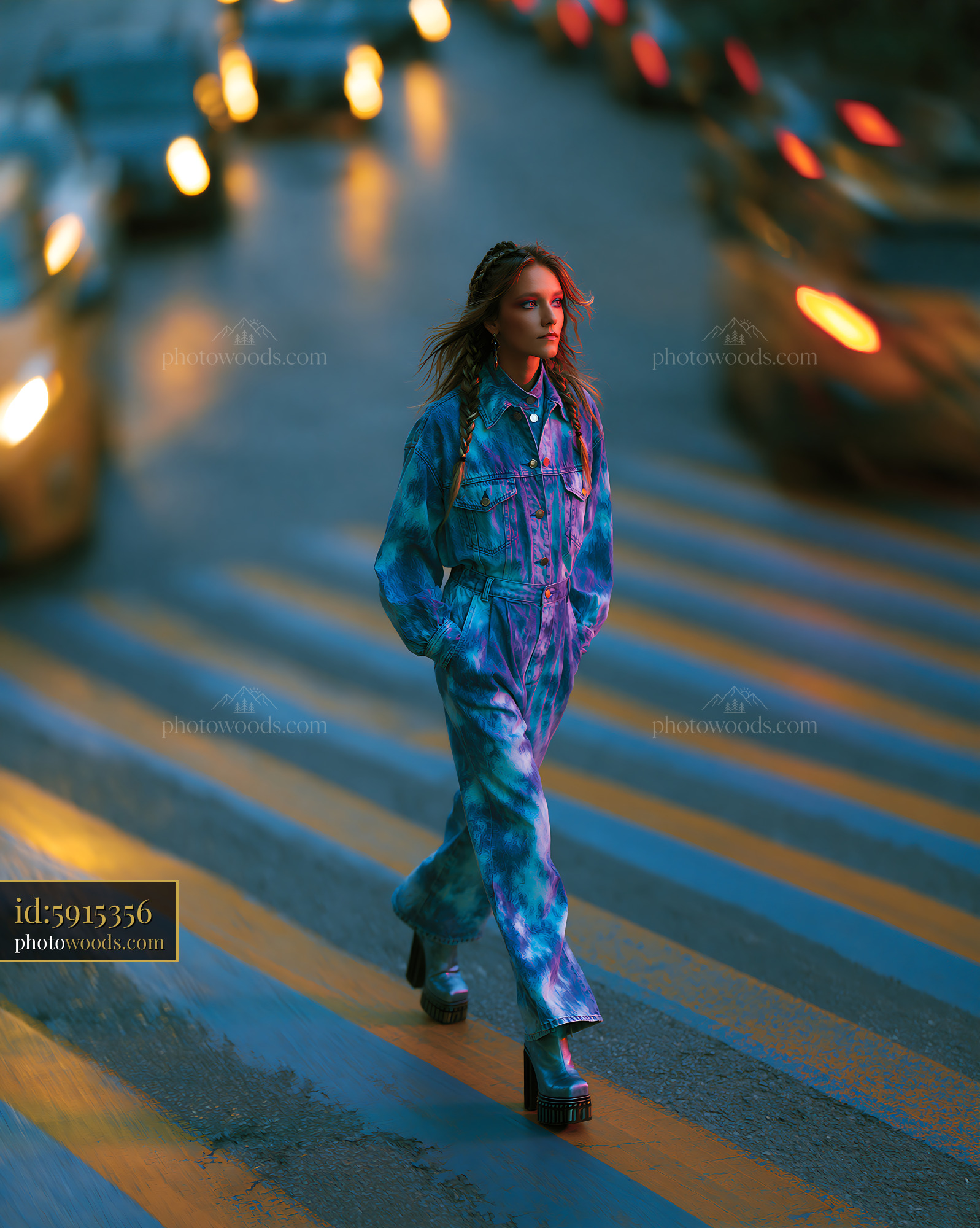 Model With Braided Hair Walking on Street With Colorful Stripes