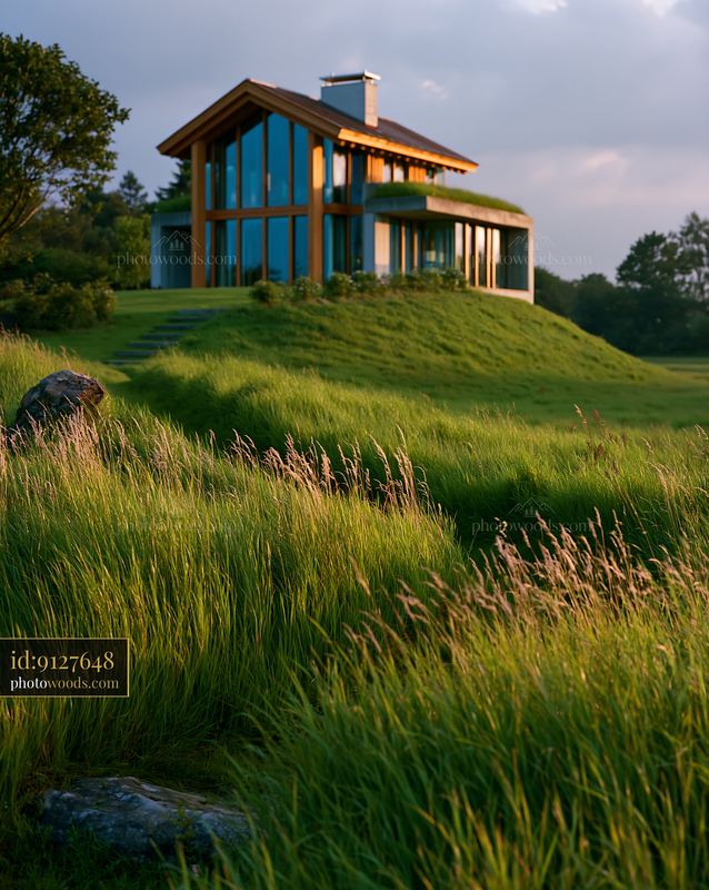 Modern glass house on a grassy hillside at golden hour
