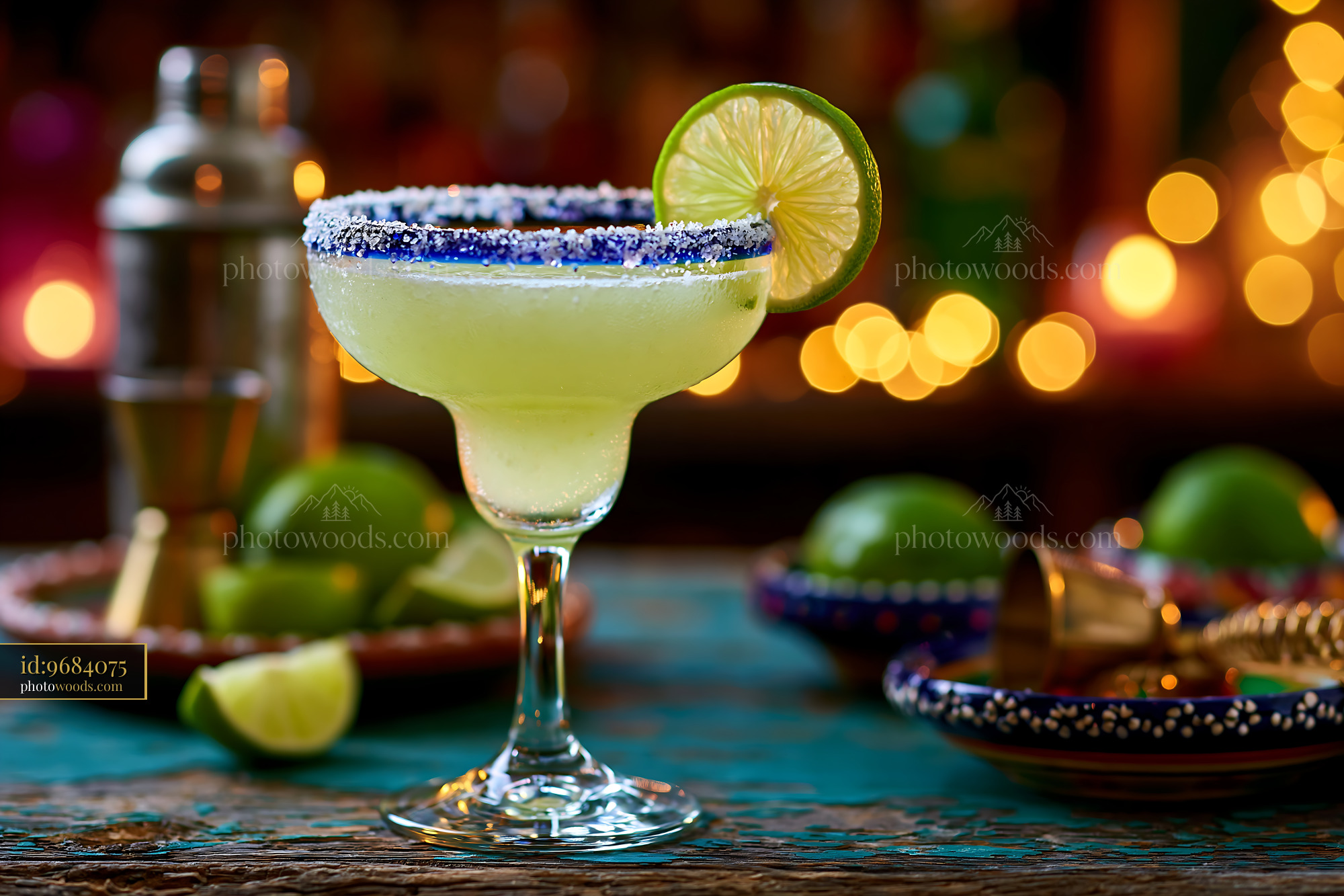 Frosty Margarita With a Salt Rim and Lime Garnish at a Bar