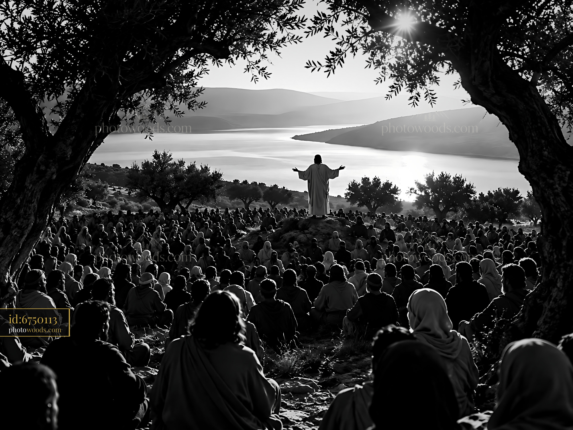 People Listen to a Speaker on a Hillside Near a Lake