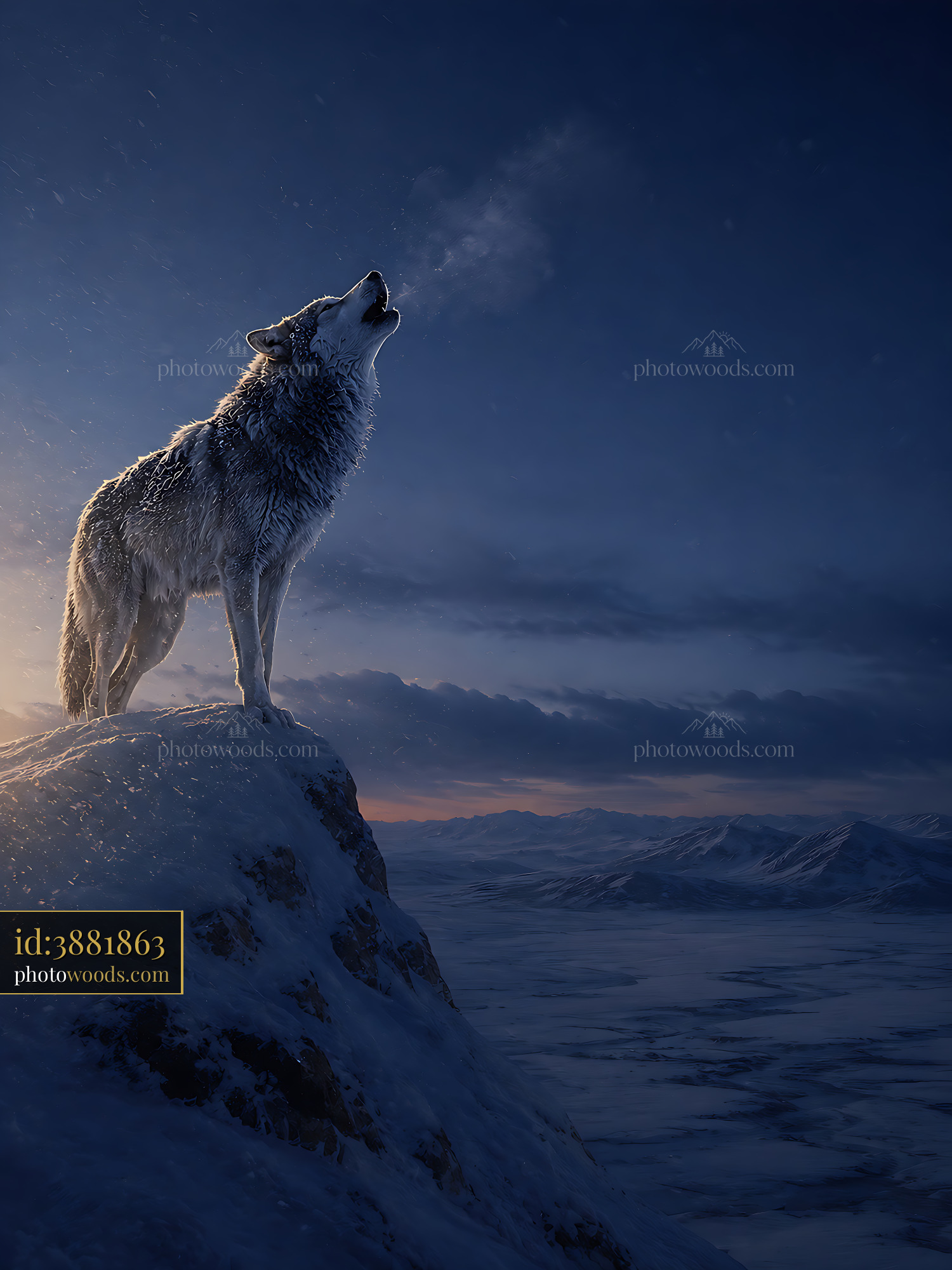 Wolf Howls at the Moon on a Snowy Mountain Top at Night
