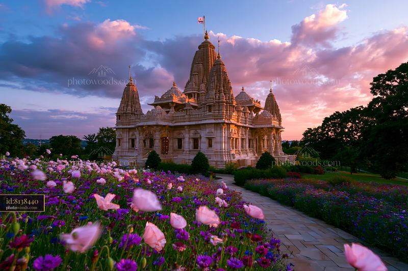Ornate temple surrounded by colorful flowers at sunset