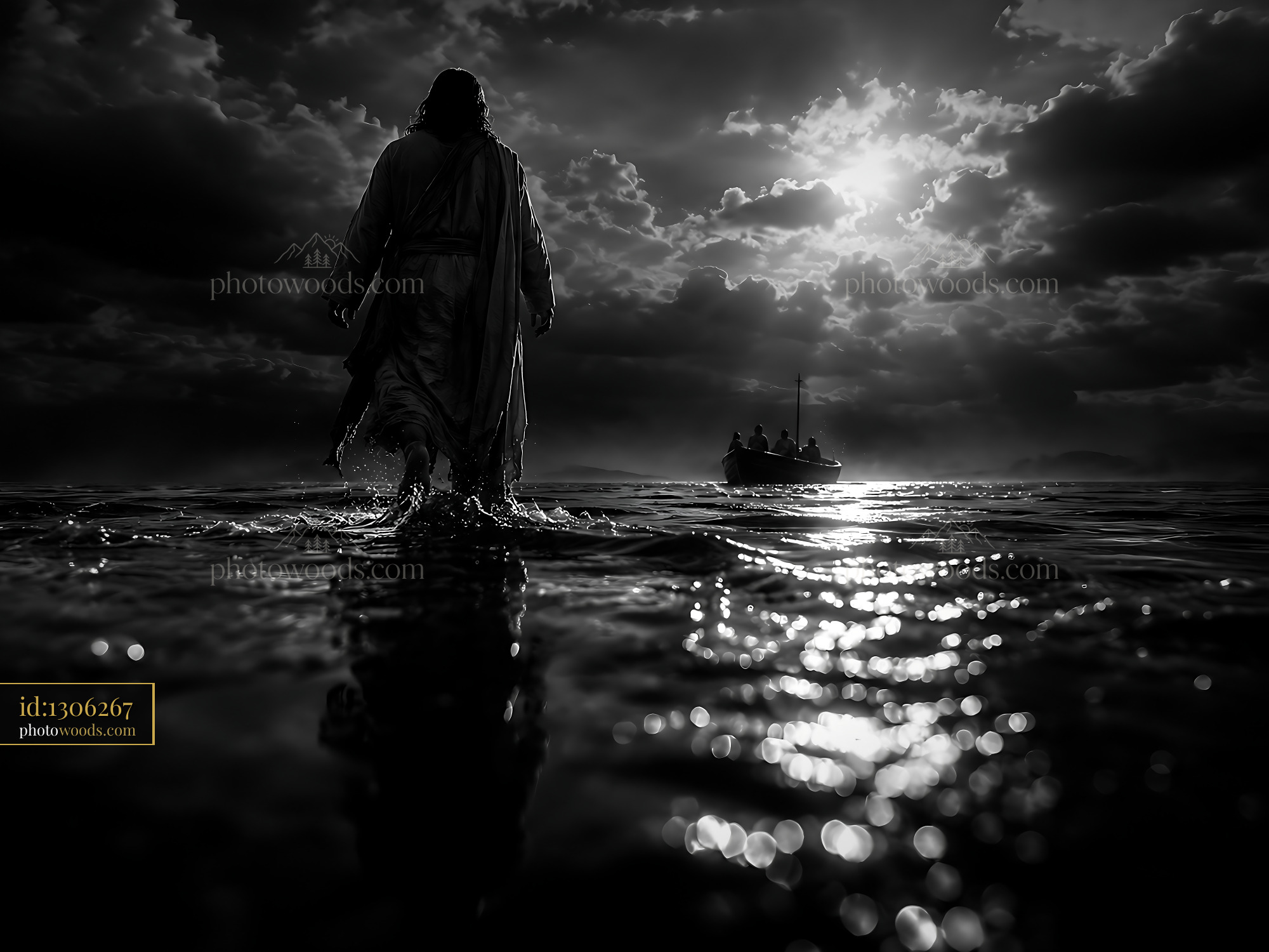 Jesus Walks Across Water Towards a Boat in Dark Clouds