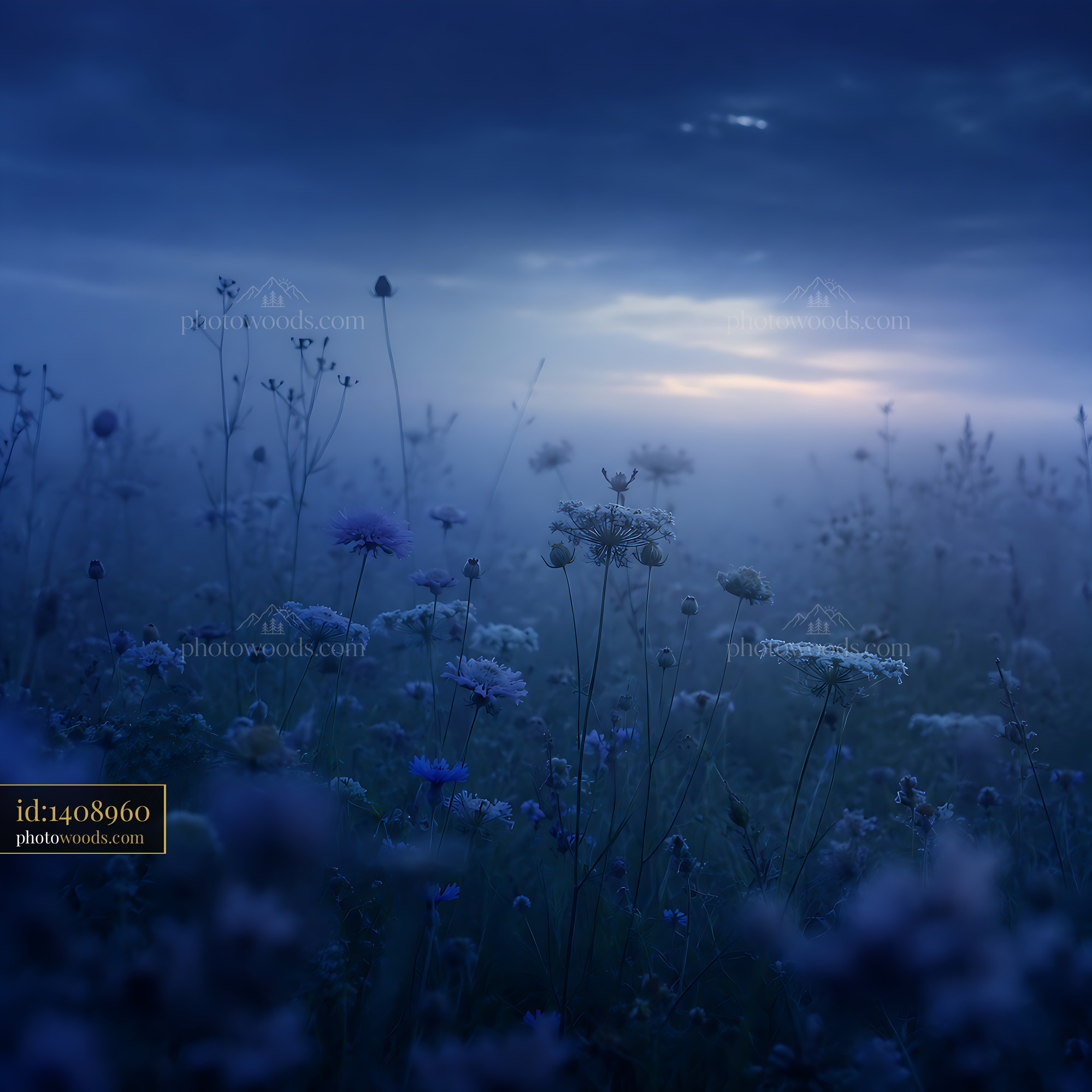 Foggy Field With Flowers Under Cloudy Sky in Dim Light