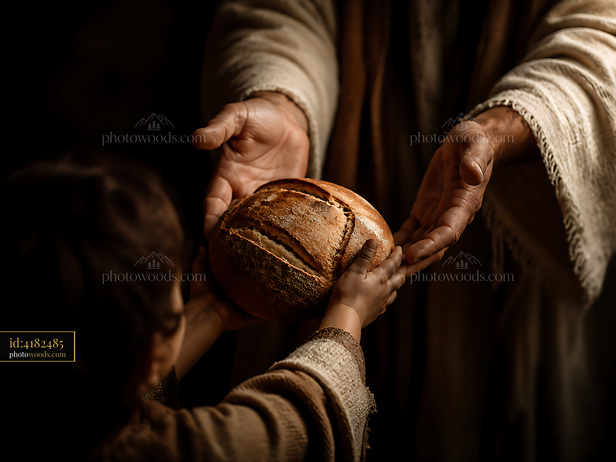Hands Sharing Bread With a Child in a Dark Setting