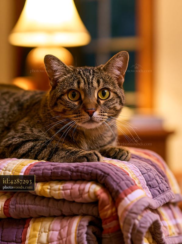 California Spangled cat resting on a colorful quilt