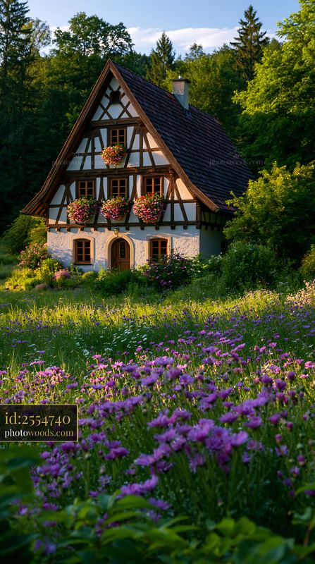 Half-timbered cottage surrounded by a wildflower meadow