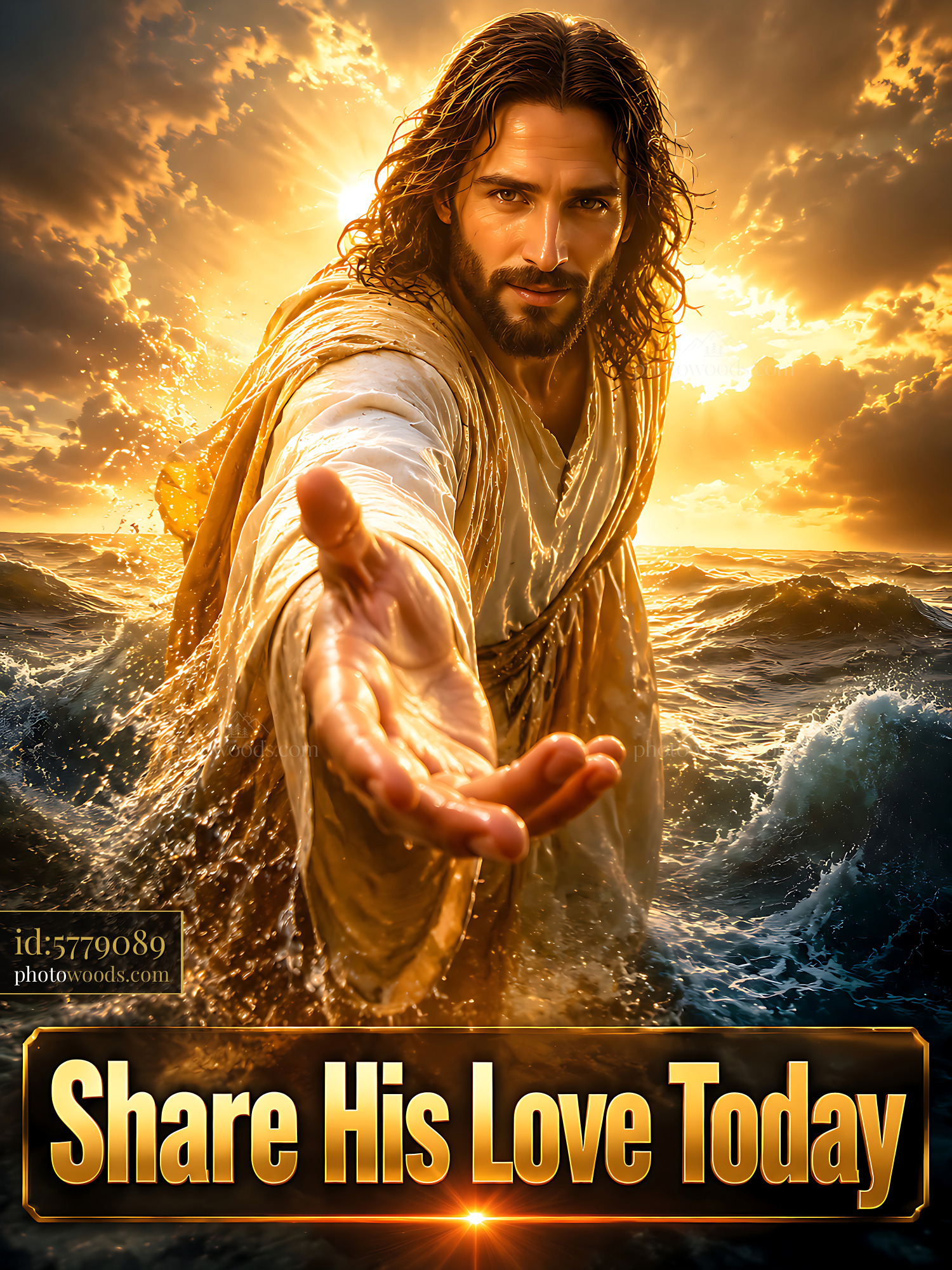 Jesus Reaching out to People With Open Hands in the Sea at Sunset