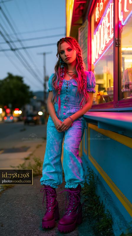 Model With Braided Hair in Acid Wash Outfit Near Neon Sign at Dusk