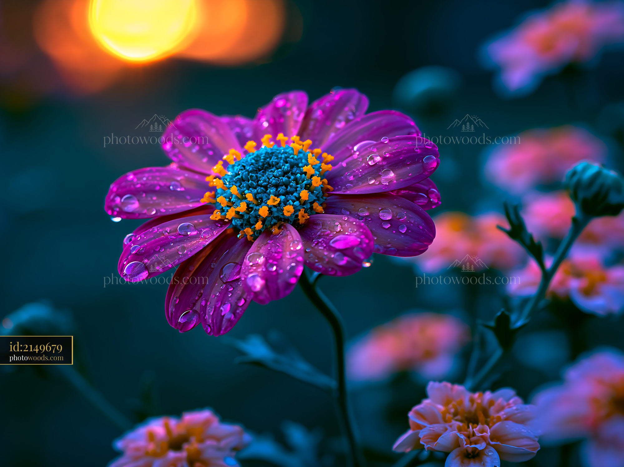 Flower Stands With Water Droplets at Sunset in the Garden