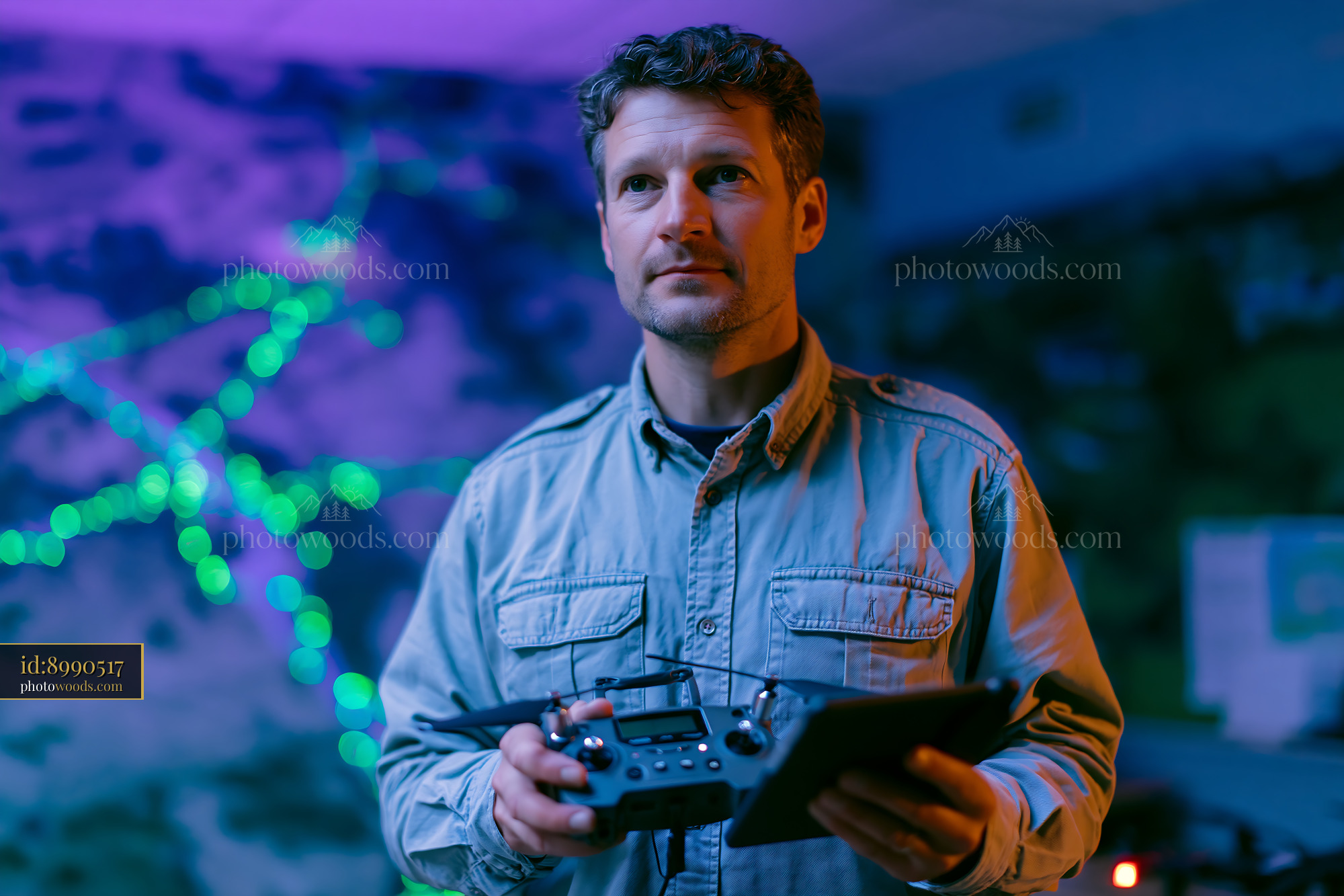 Farmer Operating a Drone Controller in a Modern Workspace