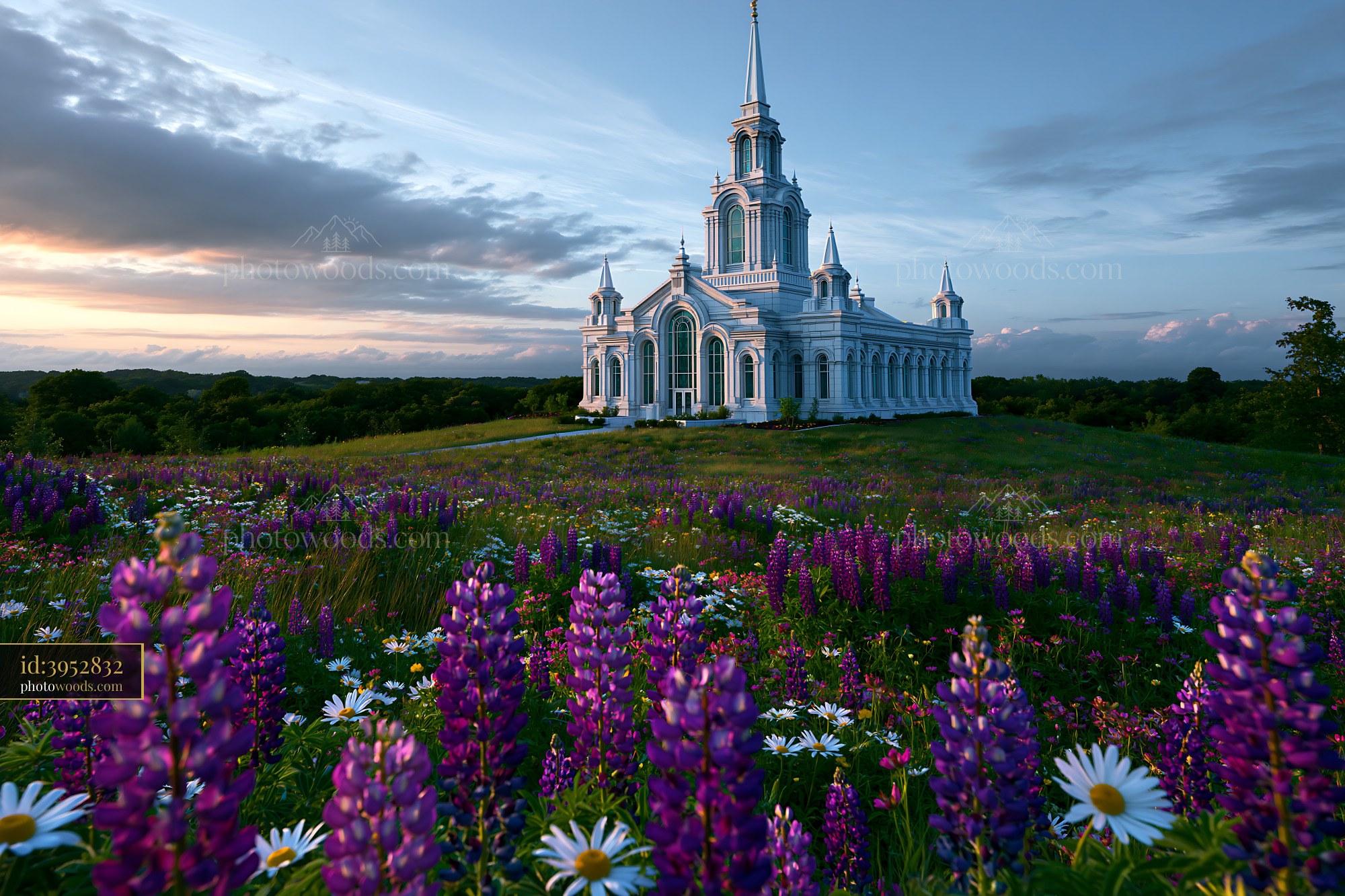 Lupine Flowers and White Church in Sunset Light, Rural Landscape