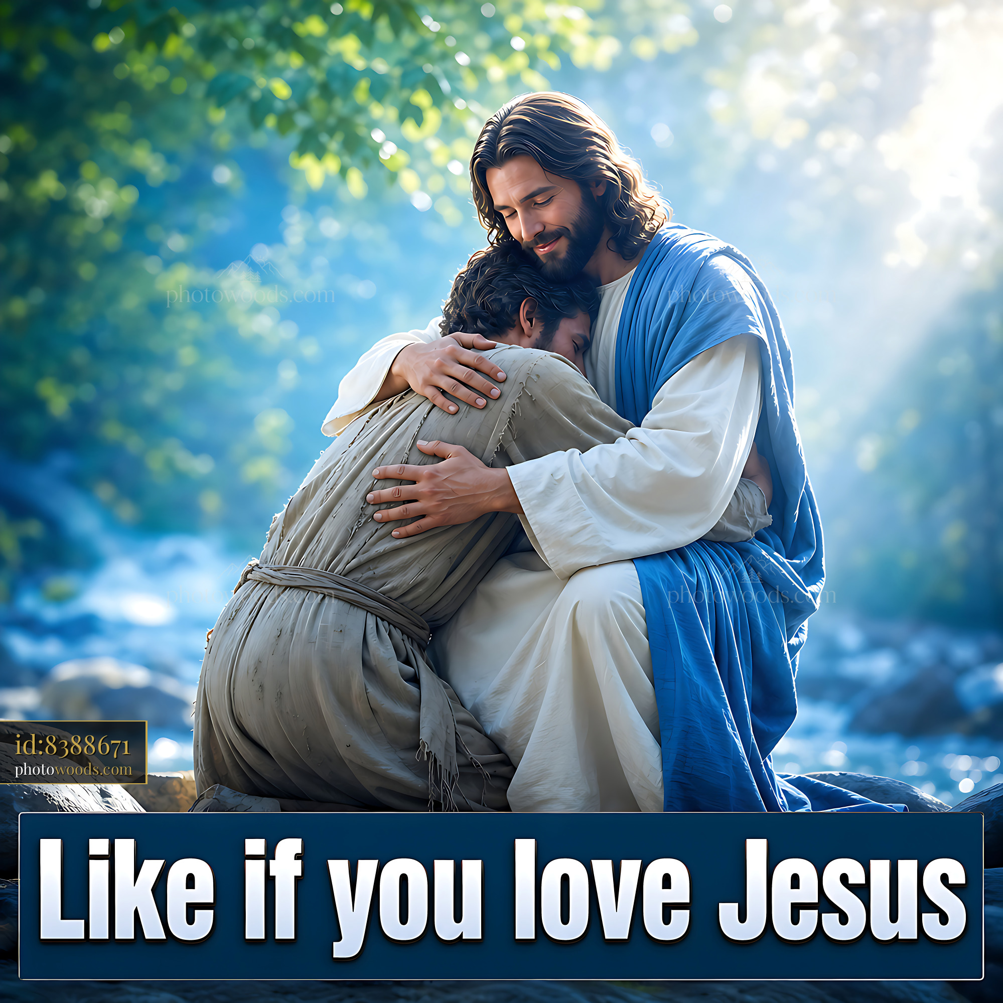 Jesus Embraces a Man in the Woods Near a River During Daylight