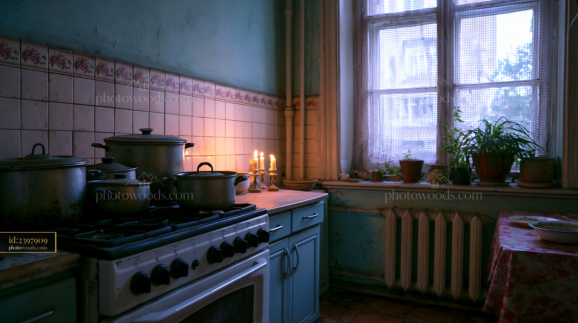 Neglected Kitchen With Pots, Candles and Plants in Evening Light