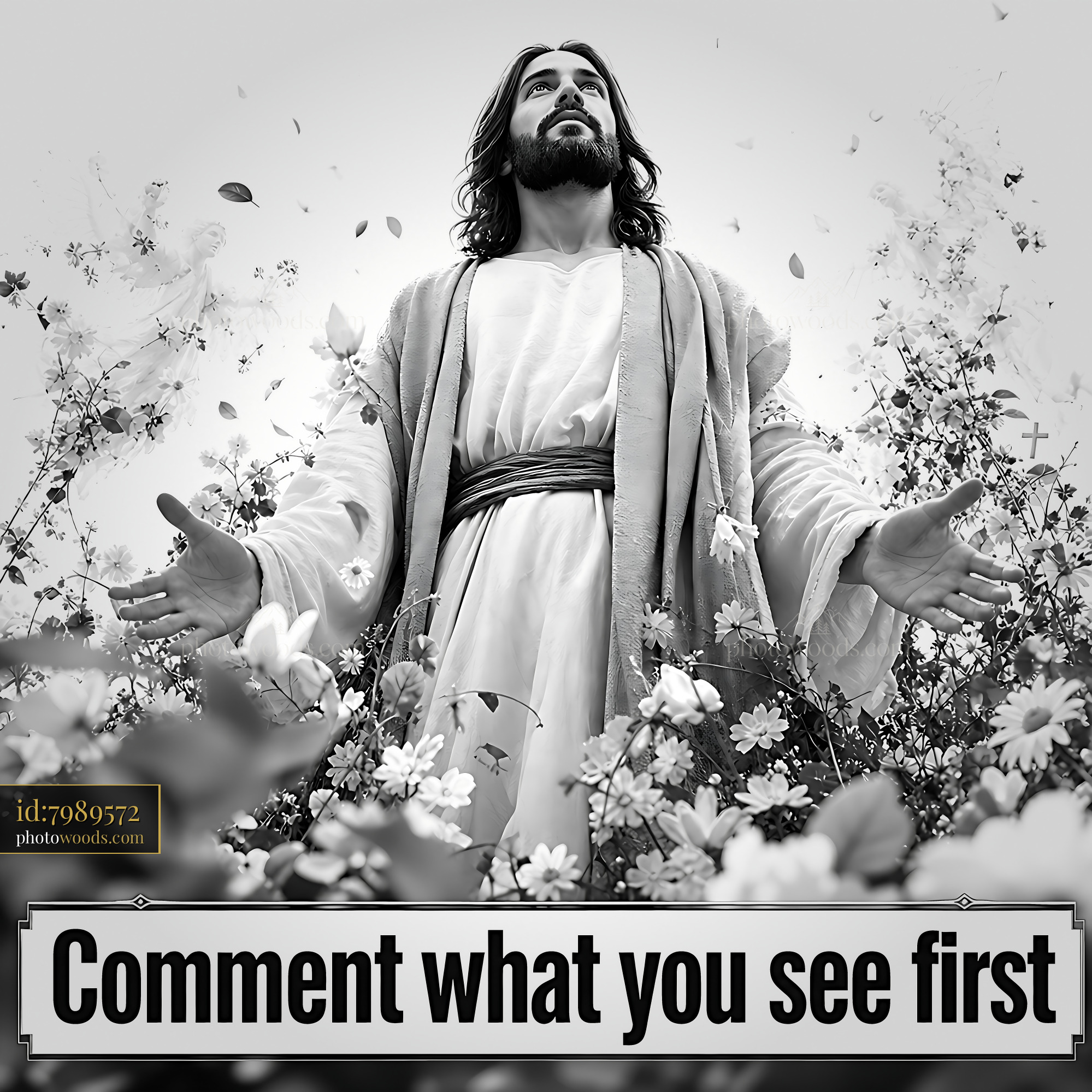 Jesus Standing With Open Arms Surrounded by Flowers and Leaves