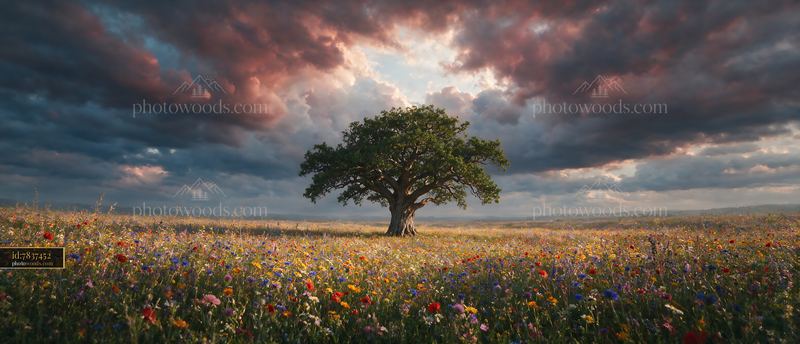 Wildflowers Blooming Under a Dramatic Sky in a Meadow