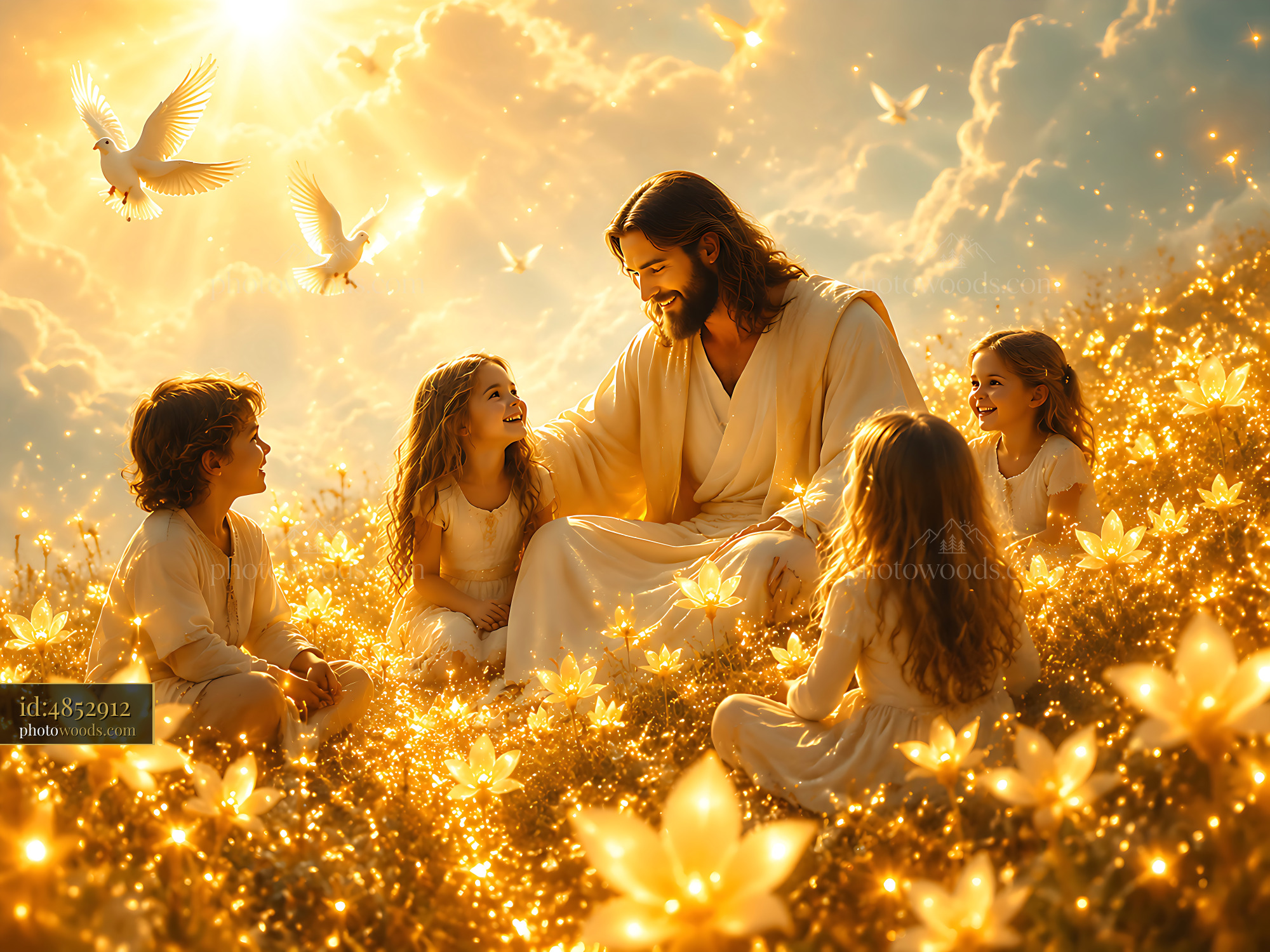 Jesus Interacts With Children in a Field of Flowers Under Sunlight