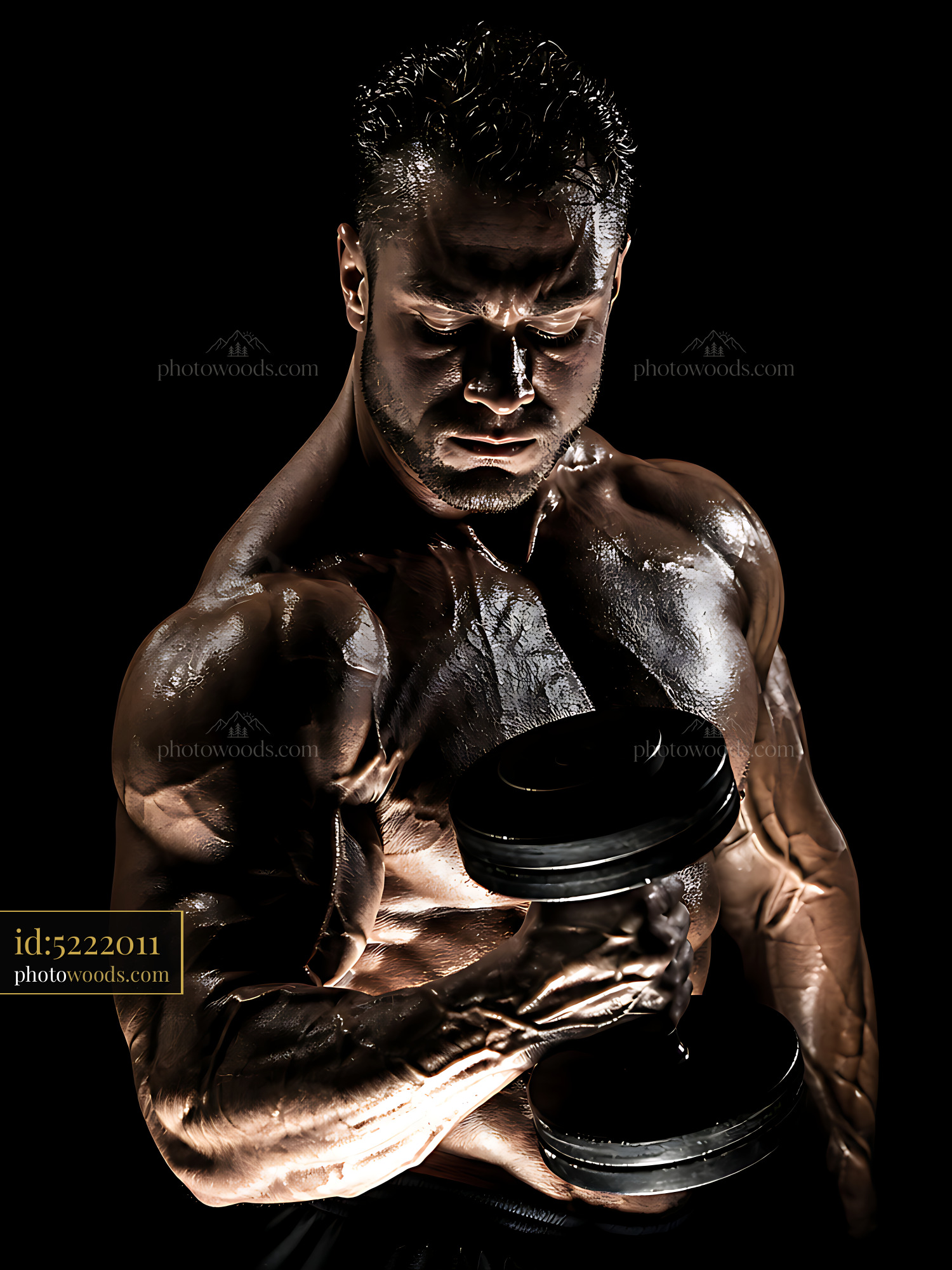 Muscular Man Lifting Dumbbell in Shadowy Light