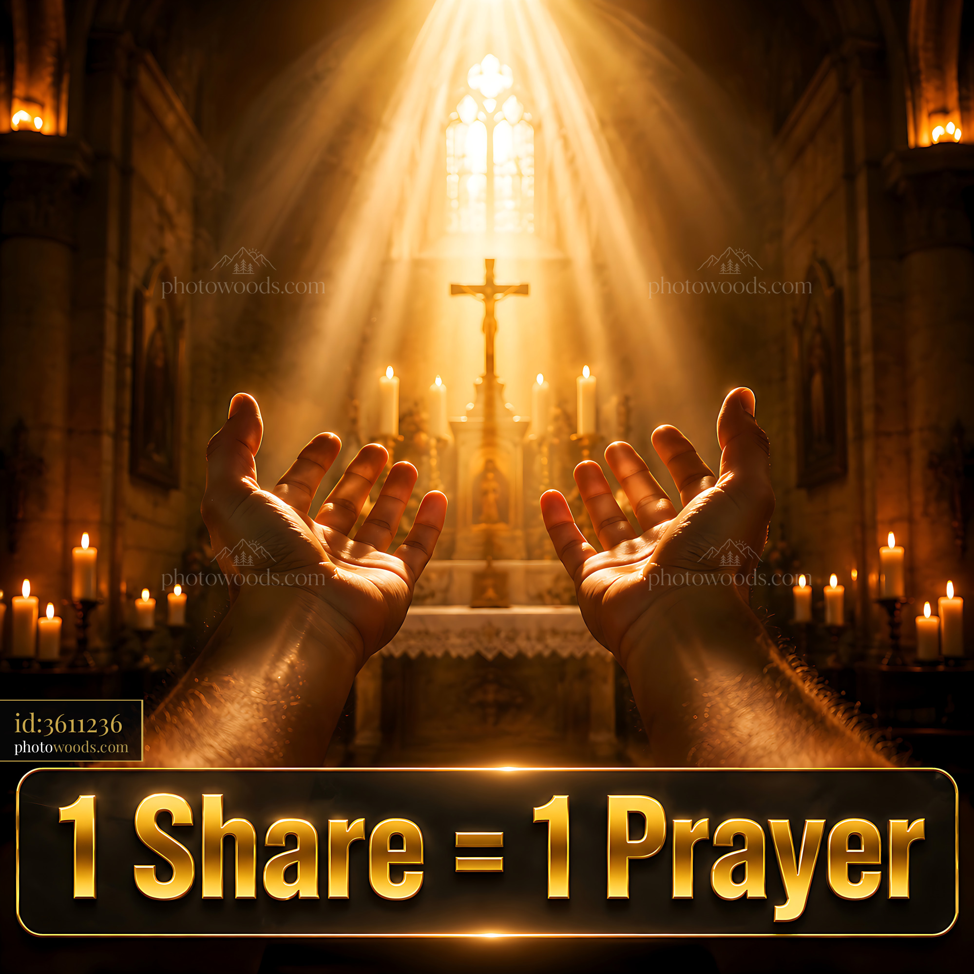 Hands Reaching Towards Light in a Church With Candles Glowing