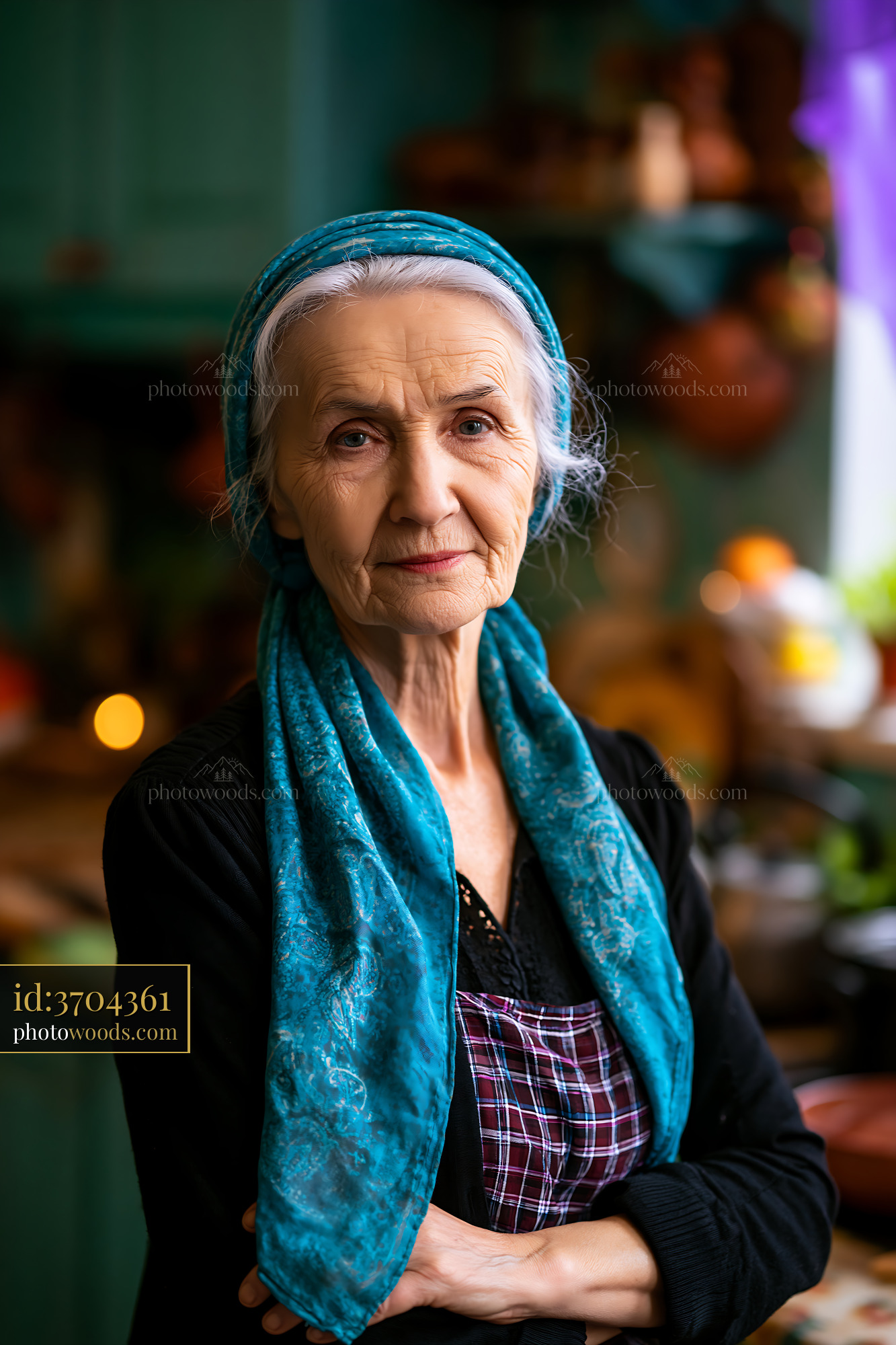 Elderly Woman Smiling While Standing in a Cozy Kitchen Setting