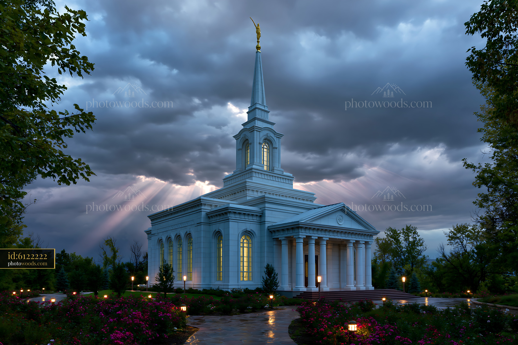 Denver LDS Temple Illuminated Under Dramatic Sky at Dusk
