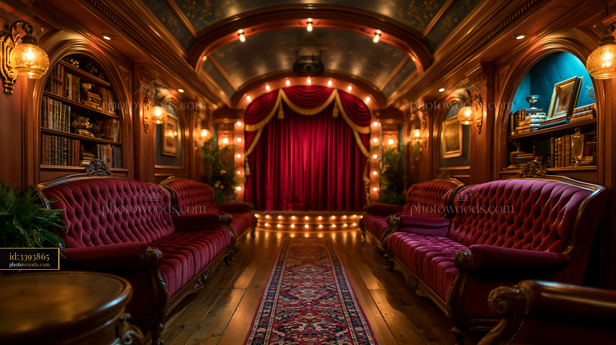 Classic Hollywood Style Basement Theater Interior With Red Curtains