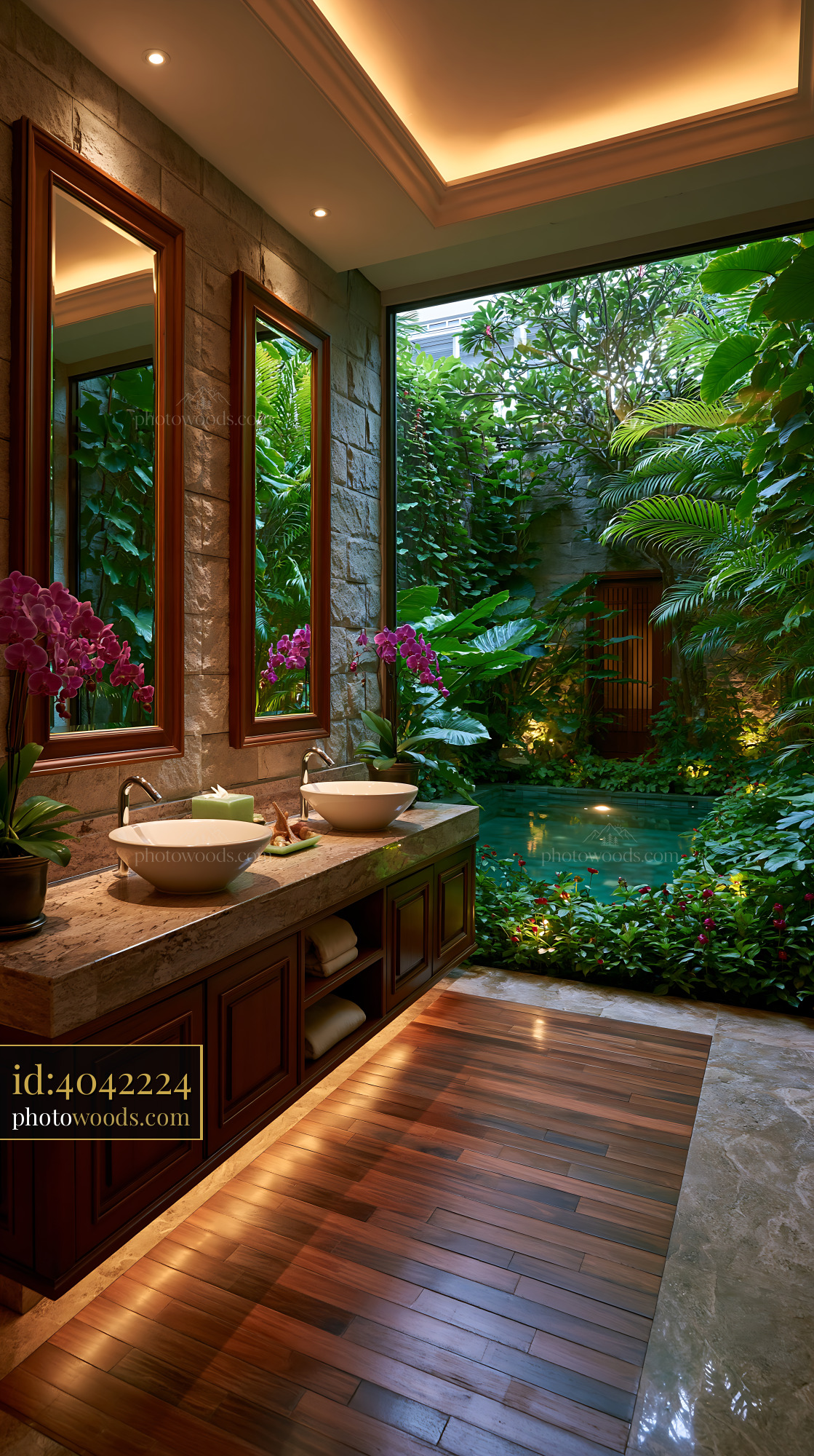 Double Vanity Bathroom With Tropical Garden View