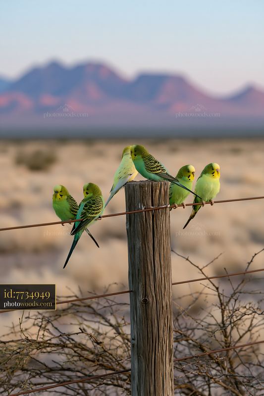 Budgerigars perched on a fence in a desert landscape