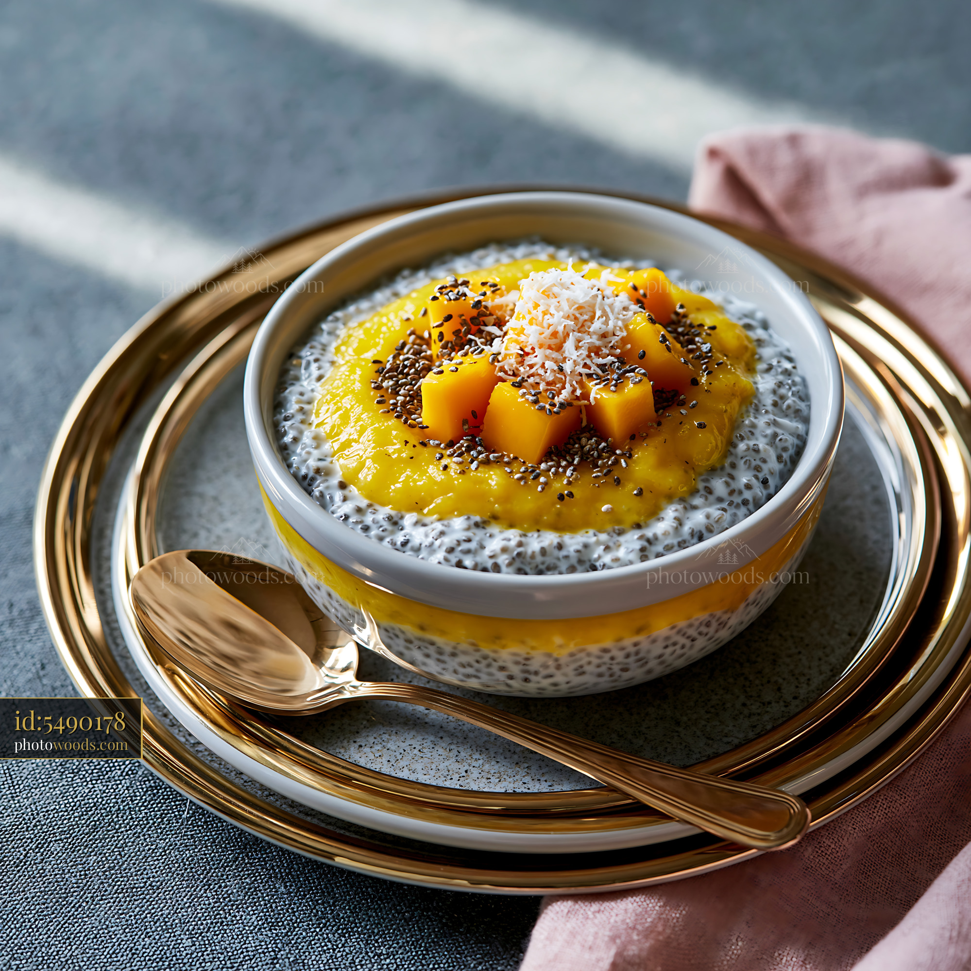 Chia Pudding With Mango Puree and Coconut Garnish