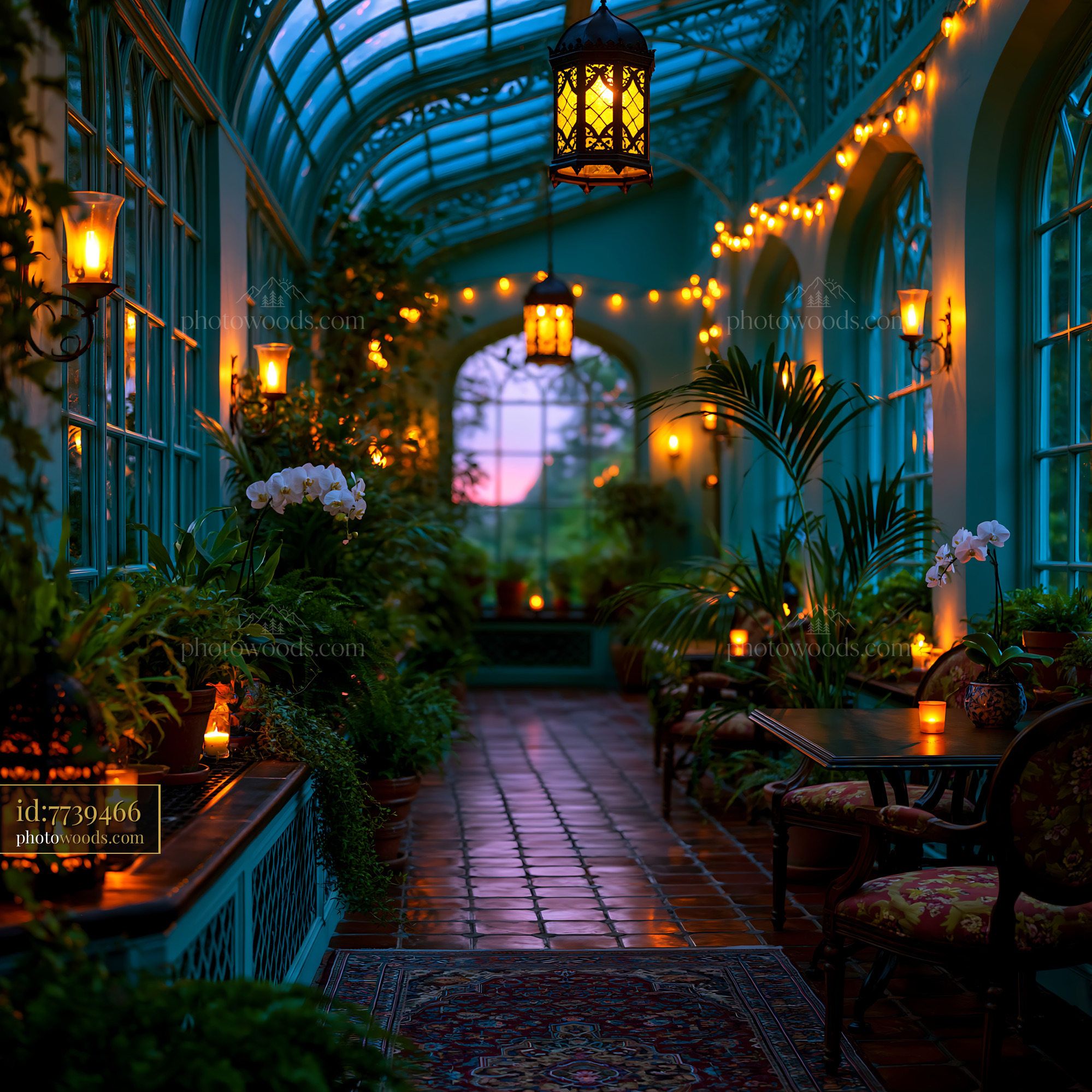 Conservatory Filled With Lush Plants and Warm Lights at Dusk