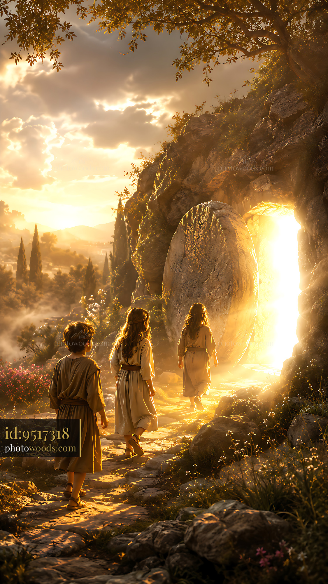 Children Walking Towards a Glowing Entrance in the Mountains