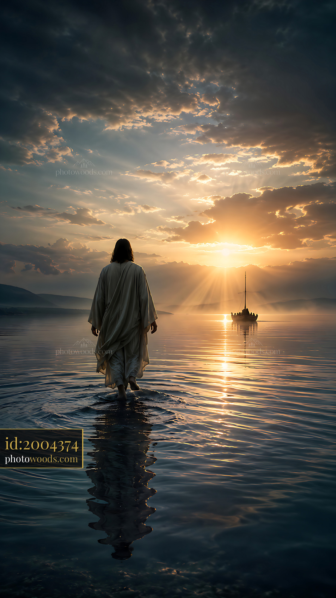 Person Walking on Water Toward a Boat at Sunset