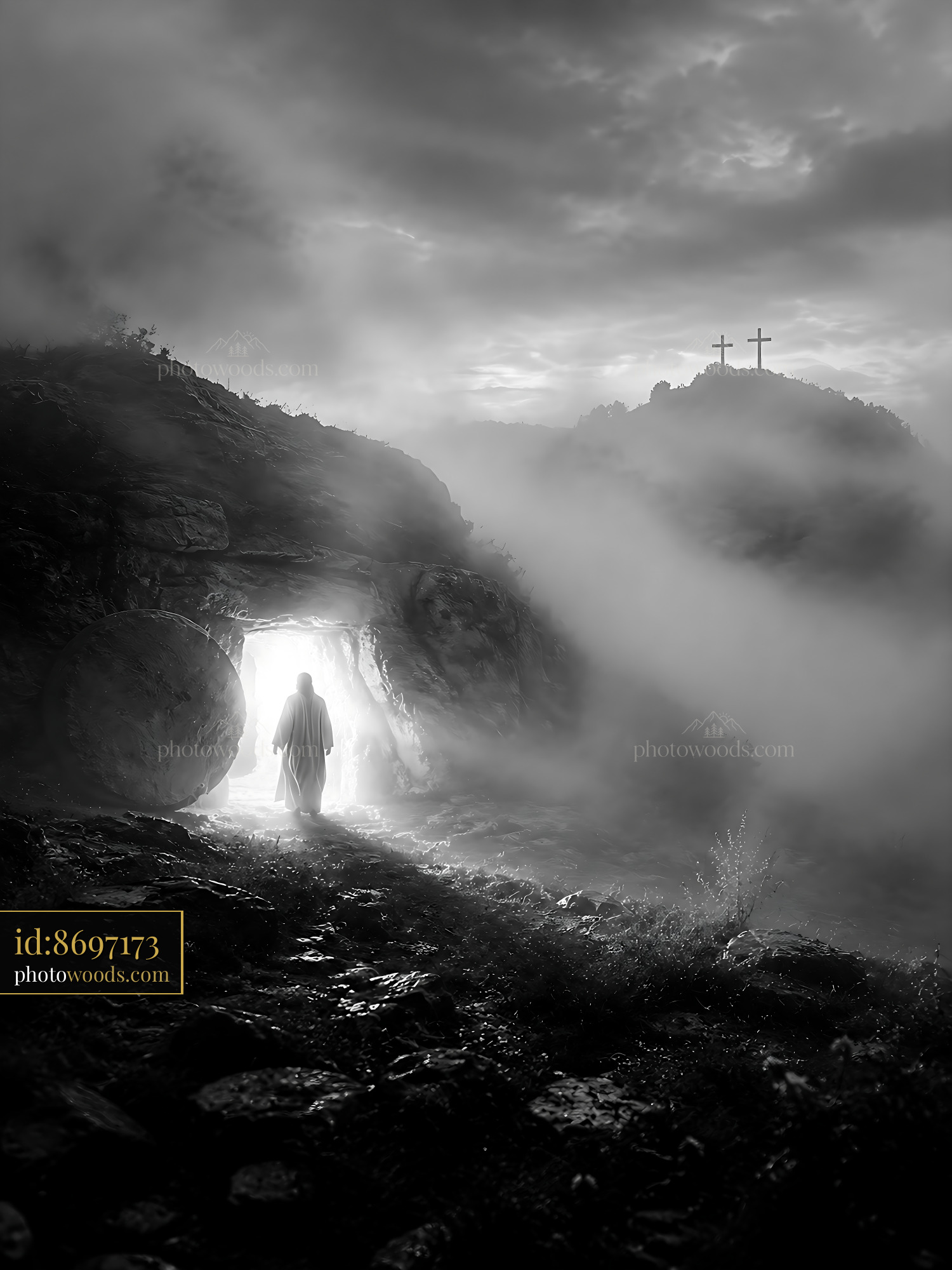 Person Emerging From Cave With Crosses in Background and Fog