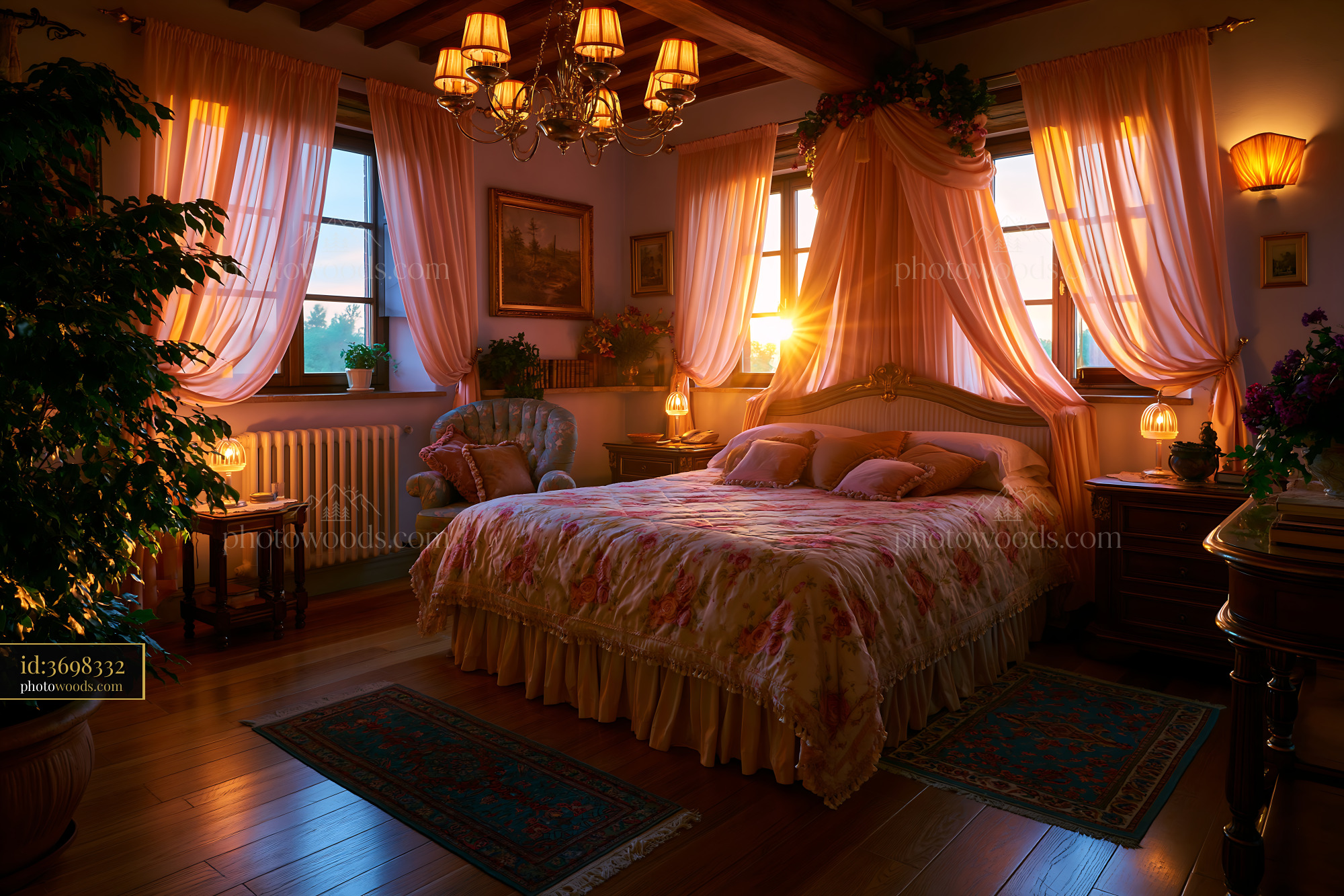 Romantic Bedroom With Canopy Bed and Silk Curtains at Sunset