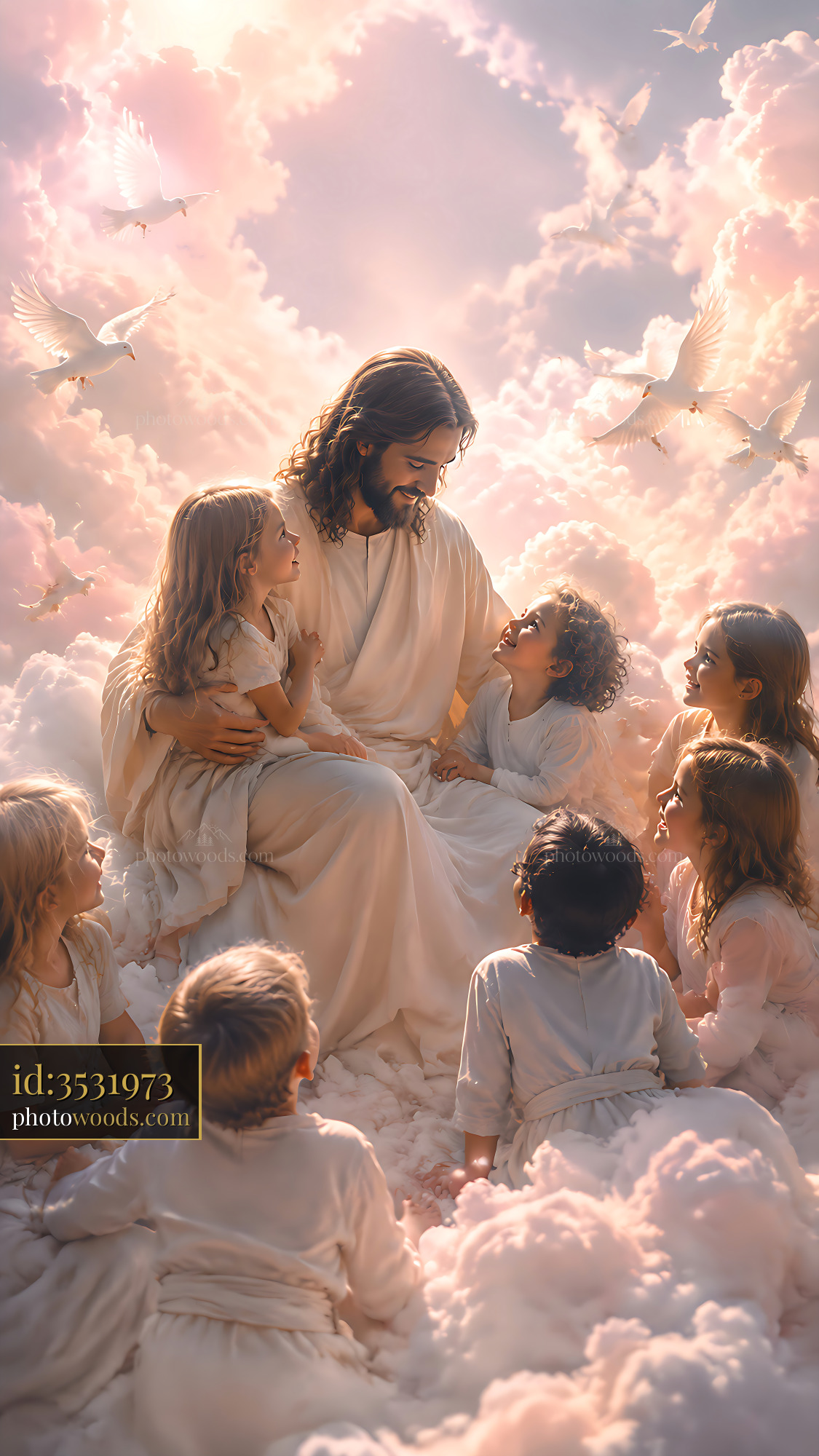 Jesus Surrounded by Children in a Cloud-Filled Sky