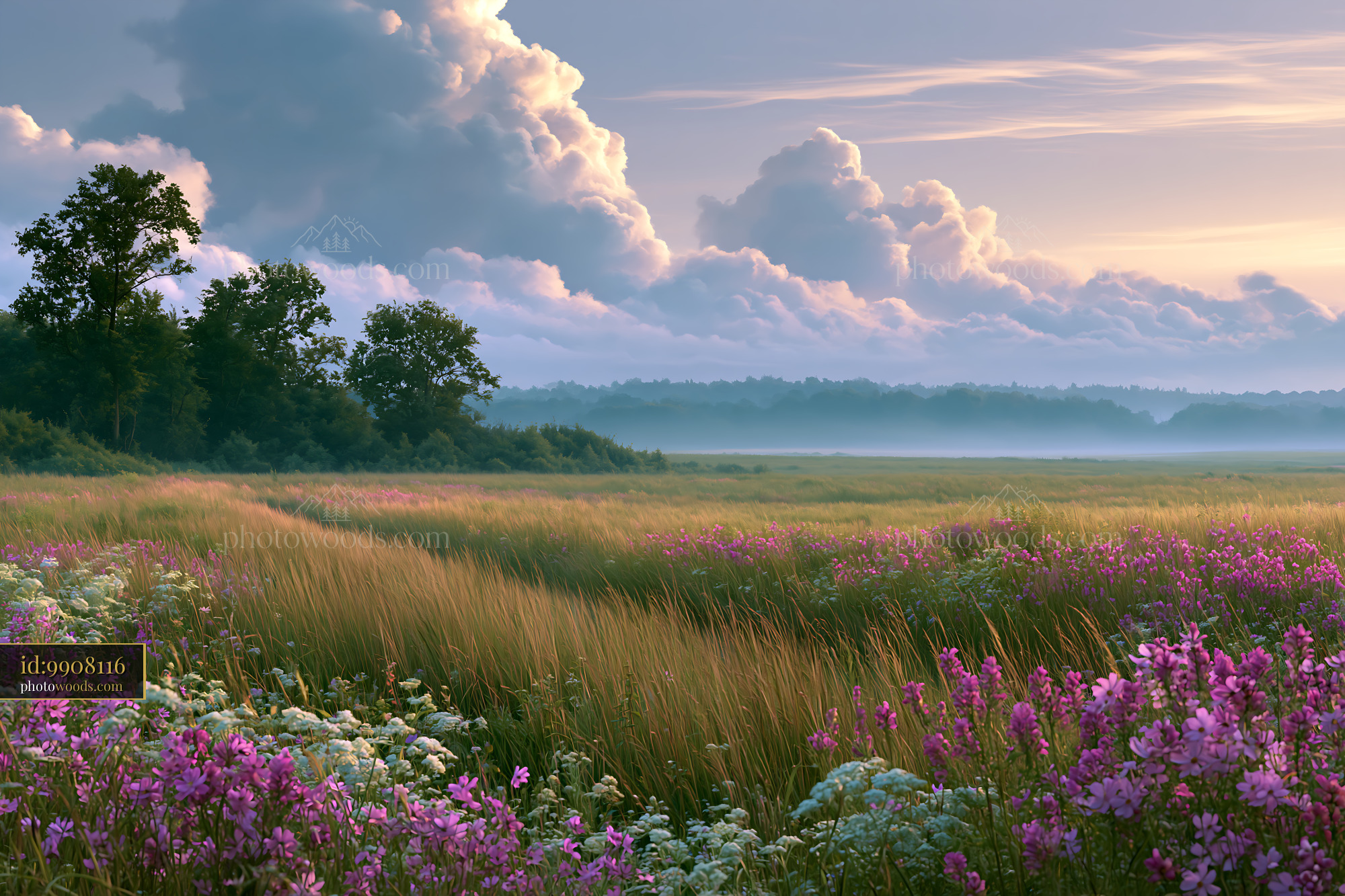 Wildflowers in Meadow at Sunrise With Clouds and Mist