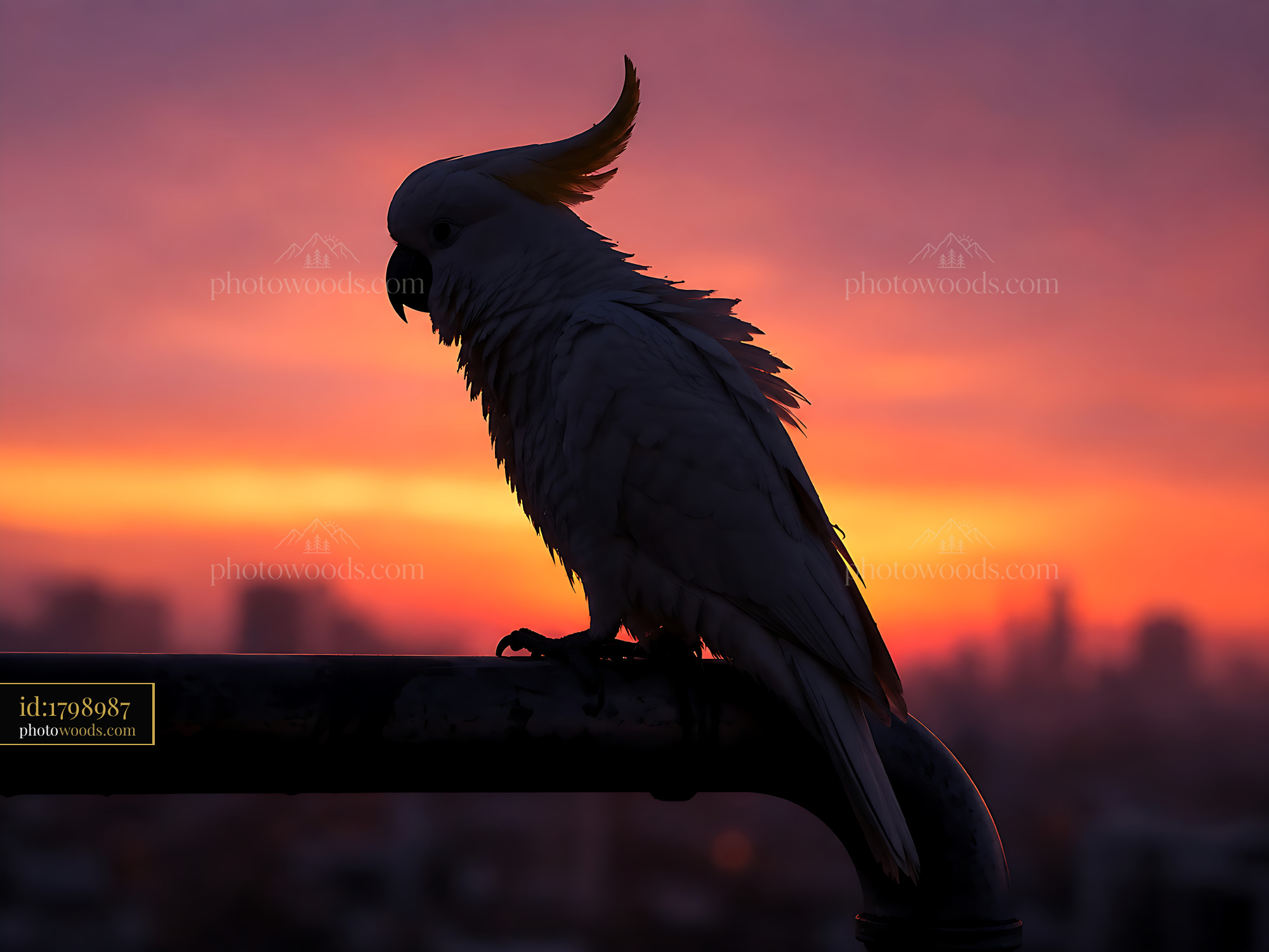 Cockatoo Perched on Railing Against Sunset Sky