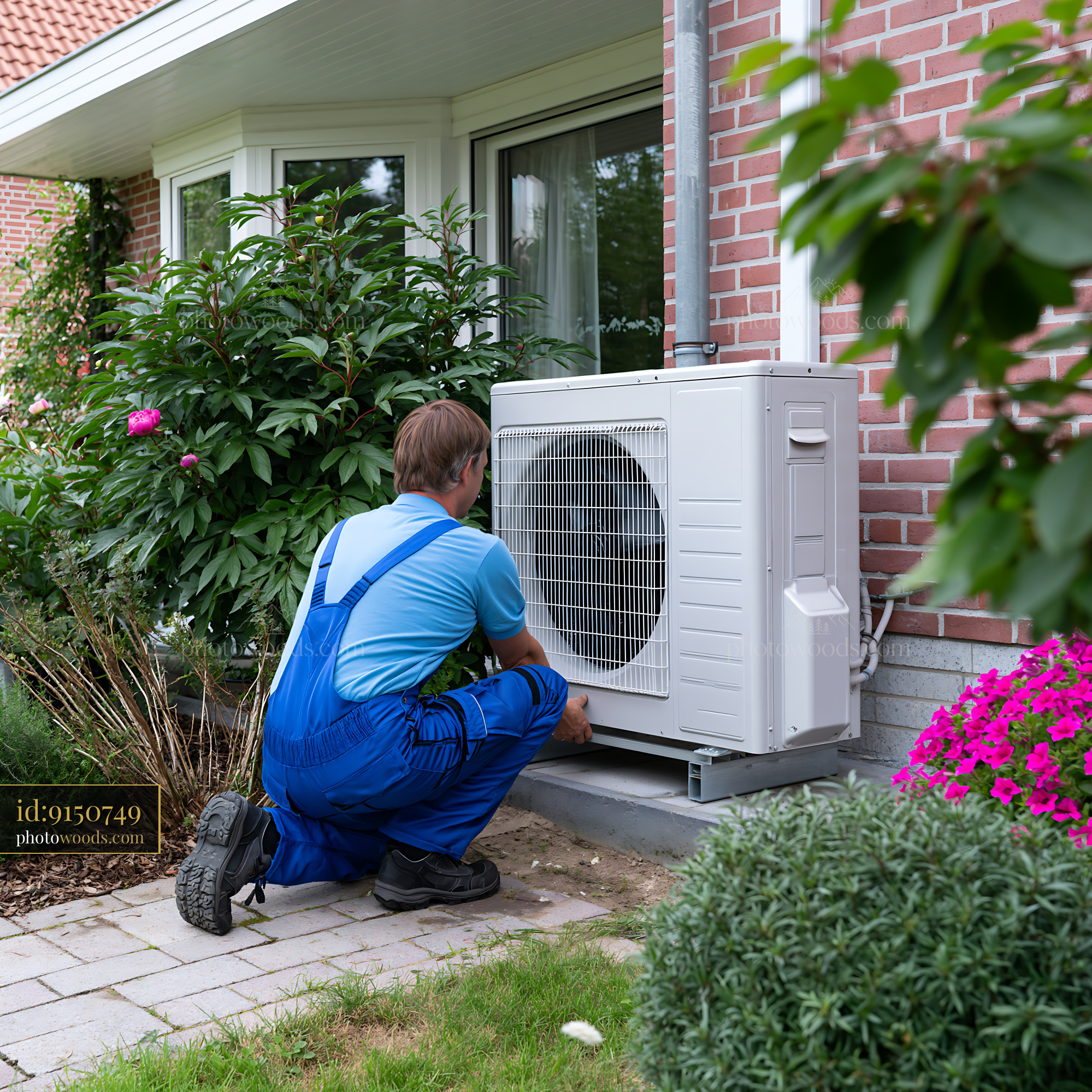 Heating Technician Installing a Modern Heat Pump at a House