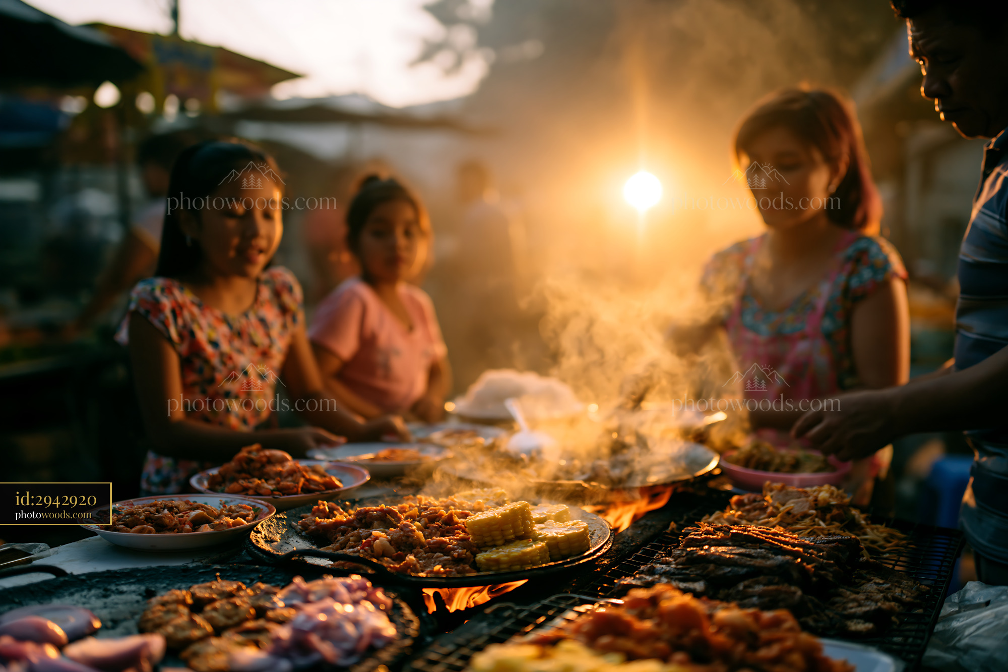 Family Preparing Traditional Festive Food at Sunset