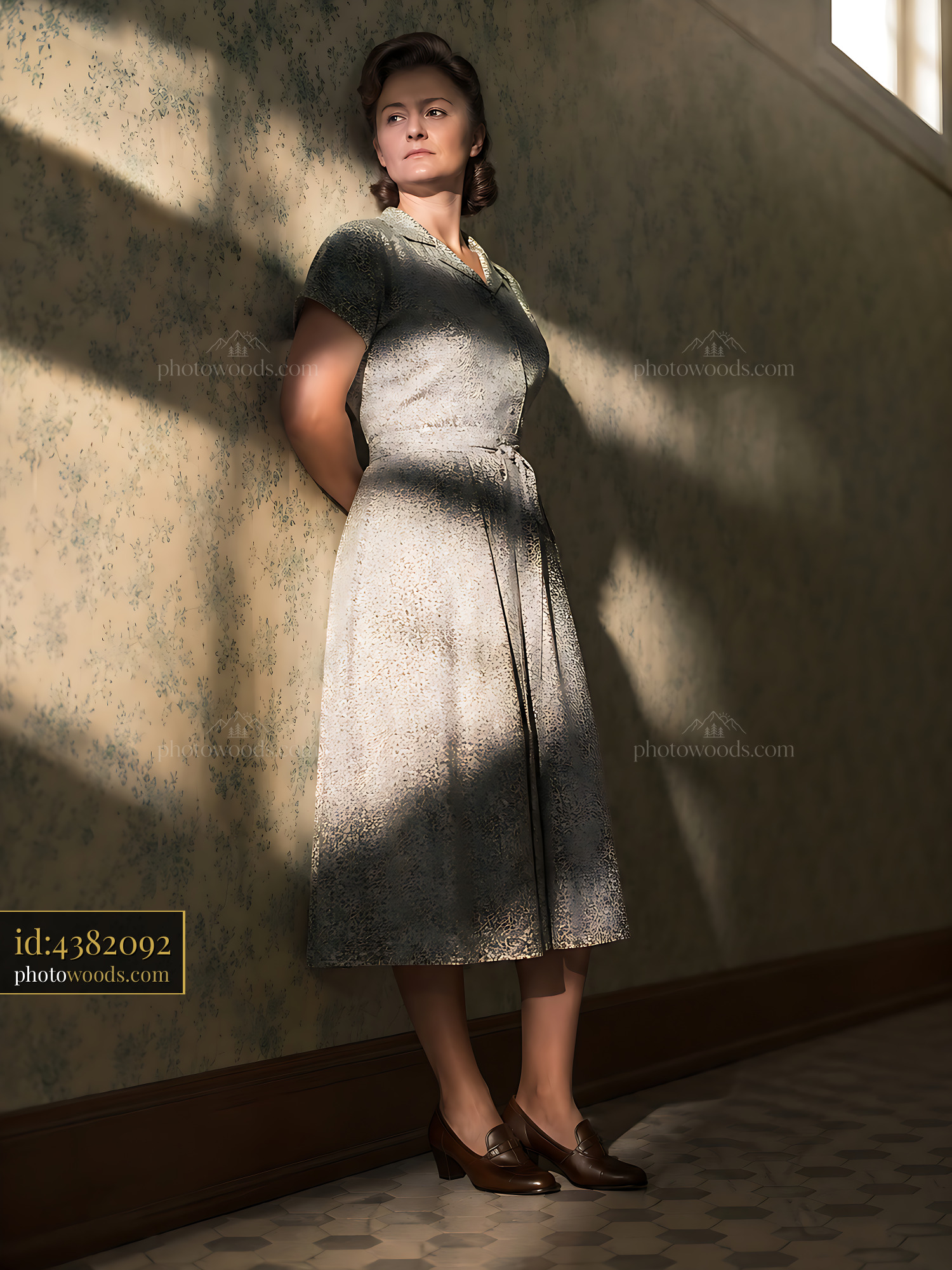 Woman Stands by Wall in Light Wearing Vintage Dress and Shoes