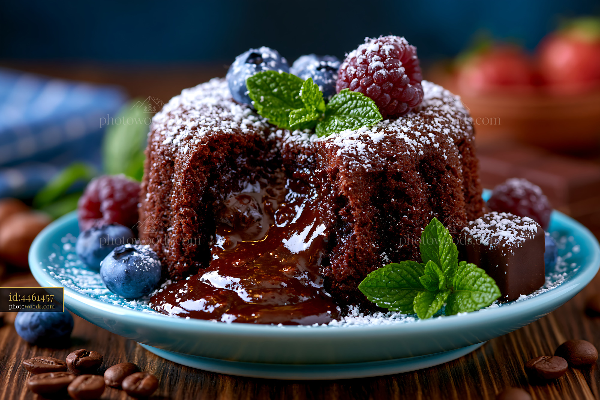 Chocolate Lava Cake Served With Fresh Berries and Mint Leaves