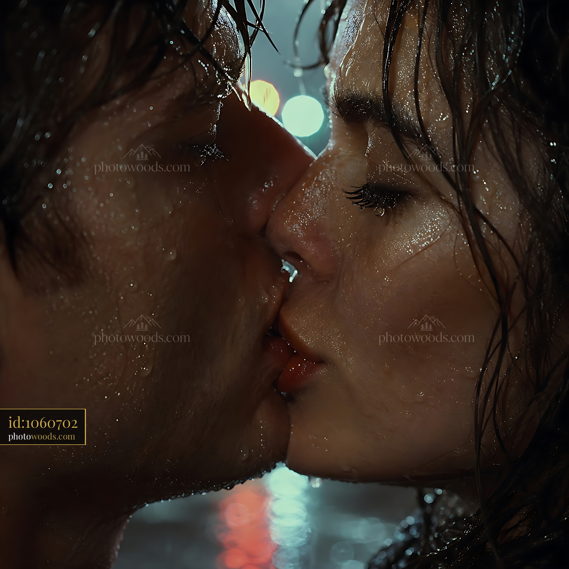 Couple Kisses Intensely in the Rain During Nighttime in the City