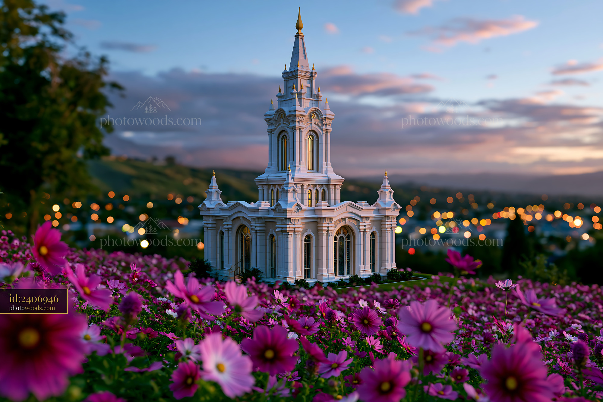 Cedar Temple Surrounded by Pink Flowers at Dusk