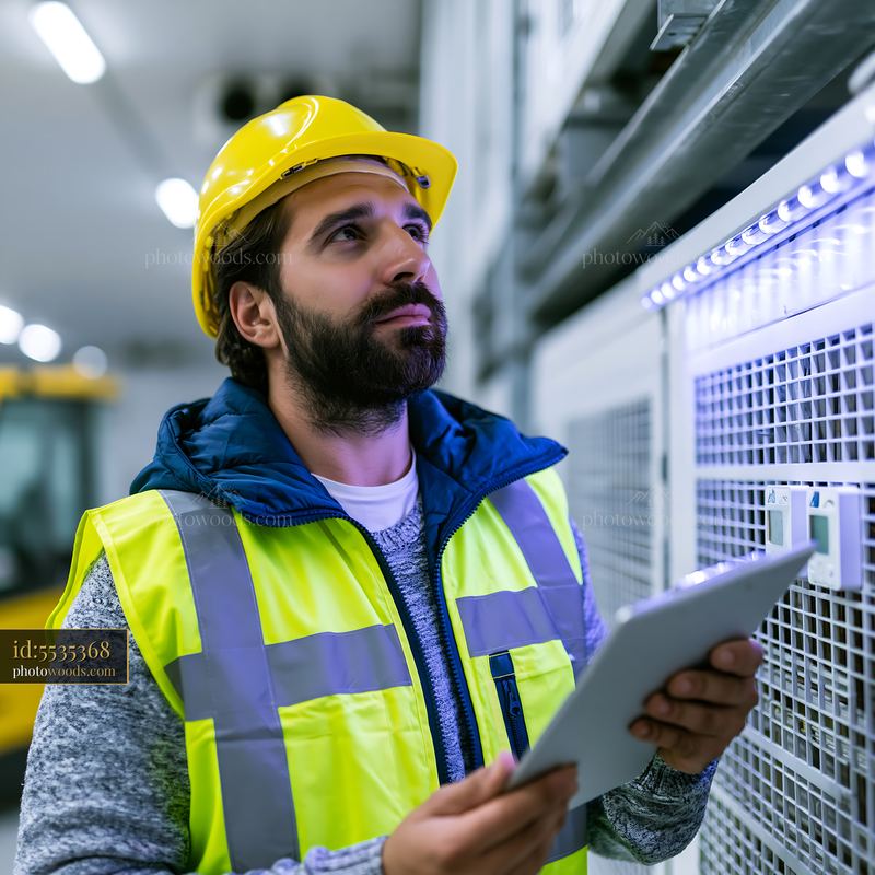 Customs Clerk Checking Temperature Sensors in a Warehouse