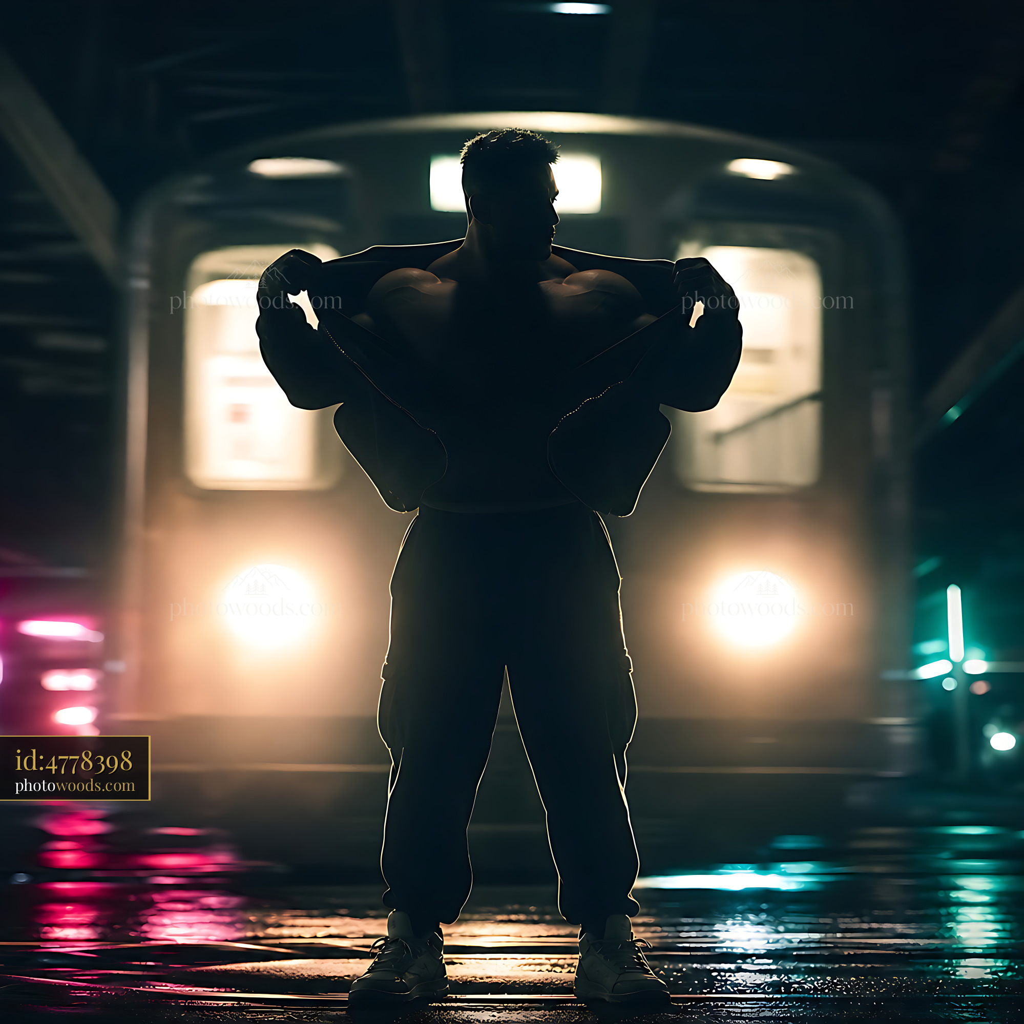 Man Standing Under Train Lights at Night Revealing Torso