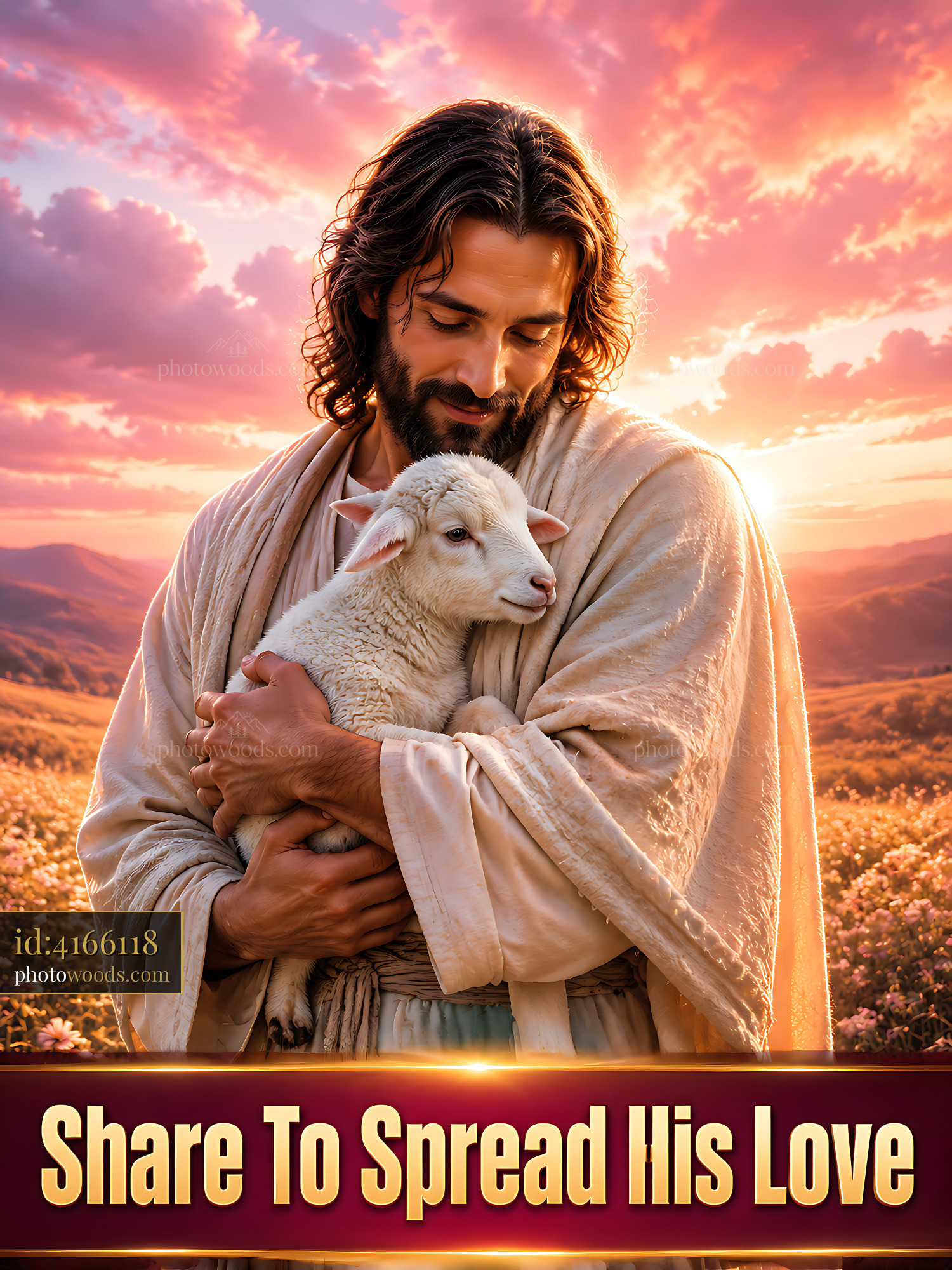 Man Holds Lamb Gently at Sunset in a Lively Valley