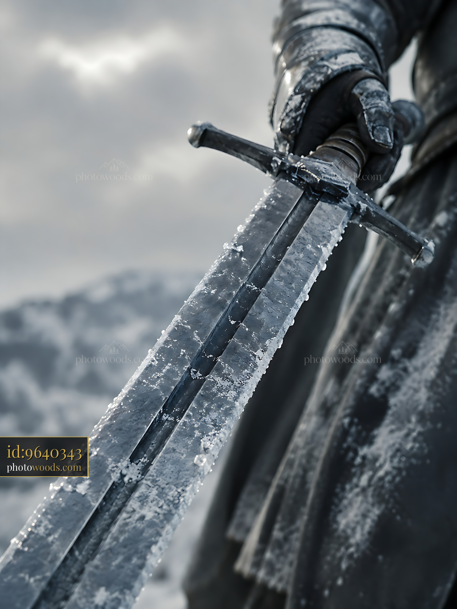 Sword Held by Warrior in Winter Landscape With Icy Details